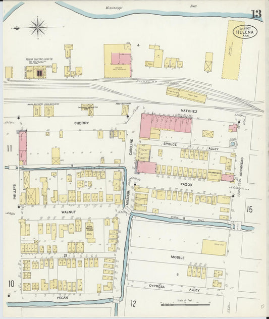 Sanborn Fire Insurance Map from Helena, Phillips County, Arkansas (1907), Sheet #0013 - Historic Sanborn Fire Insurance Map Print, vintage old map wall art, antique decor, genealogy gift, Arkansas Arkansas map