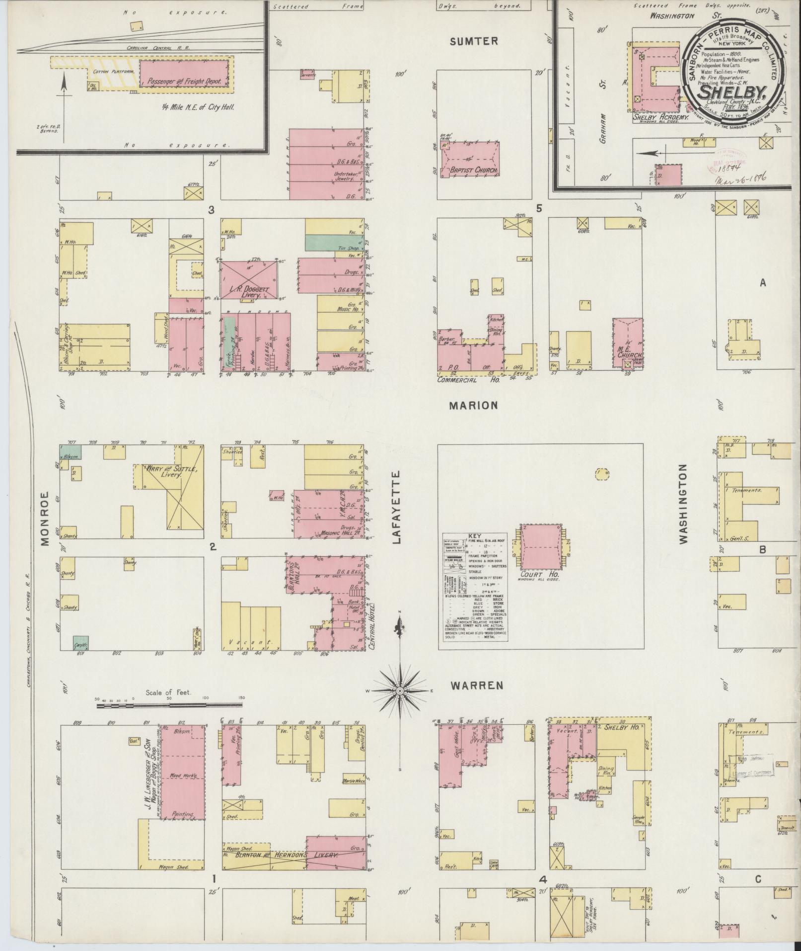 Sanborn Fire Insurance Map from Shelby, Cleveland County, North Carolina. (1896) – Historic Sanborn Fire Insurance Map Print