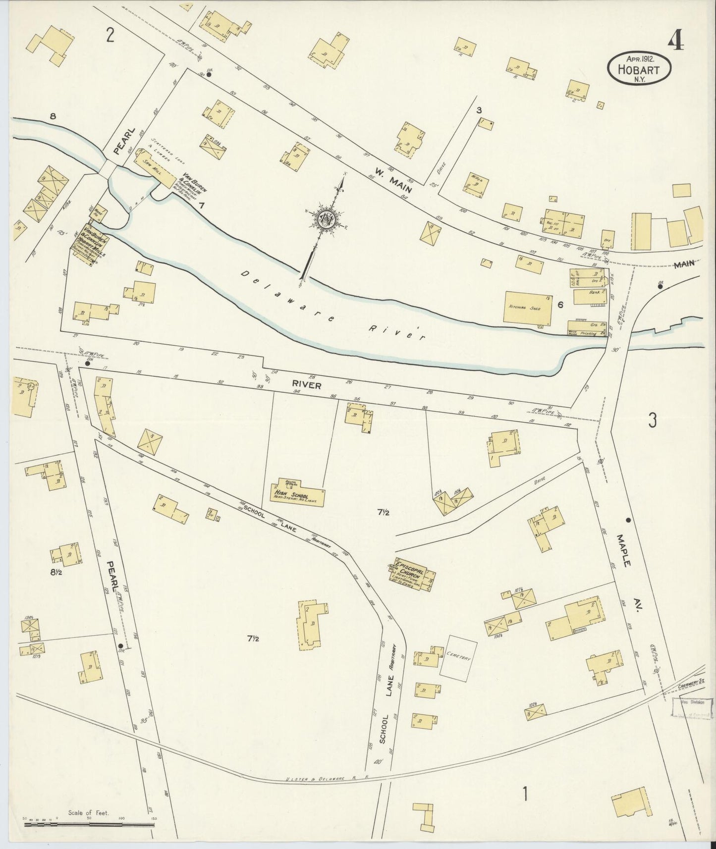 Sanborn Fire Insurance Map from Hobart, Delaware County, New York (1912), Sheet #0004 - Historic Sanborn Fire Insurance Map Print, vintage old map wall art, antique decor, genealogy gift, Hobart Delaware map