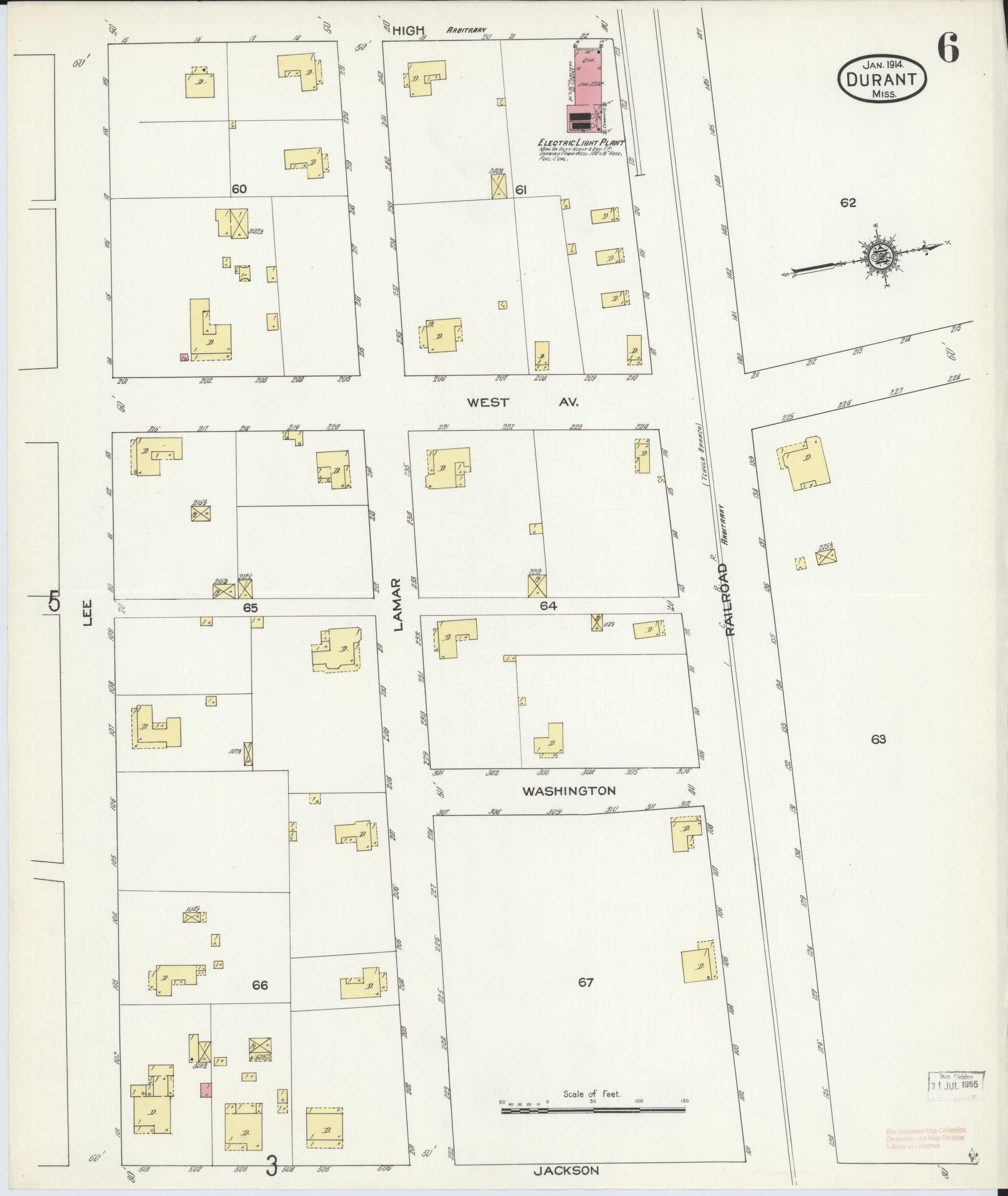 Sanborn Fire Insurance Map from Durant, Holmes County, Mississippi (1914), Sheet #0006 - Complete Map Set gallery image, historic Sanborn map, vintage wall art, Mississippi Mississippi