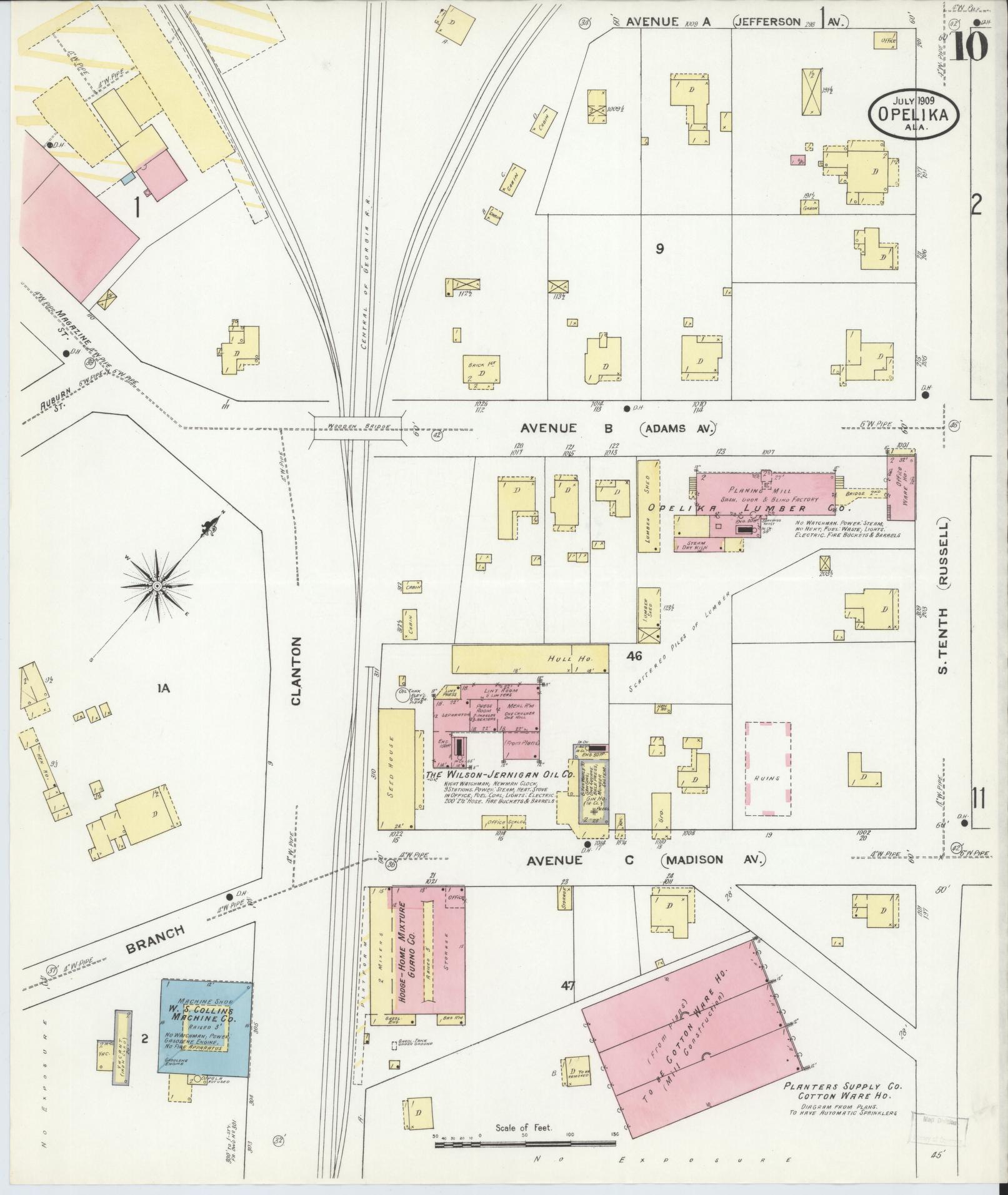 Sanborn Fire Insurance Map from Opelika, Lee County, Alabama (1909), Sheet #0010 - Complete Map Set gallery image, historic Sanborn map, vintage wall art, Alabama Alabama