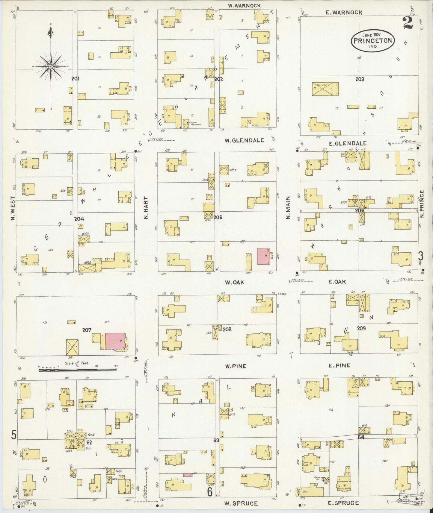 Sanborn Fire Insurance Map from Princeton, Gibson County, Indiana (1907), Sheet #0002 - Complete Map Set gallery image, historic Sanborn map, vintage wall art, Indiana Indiana
