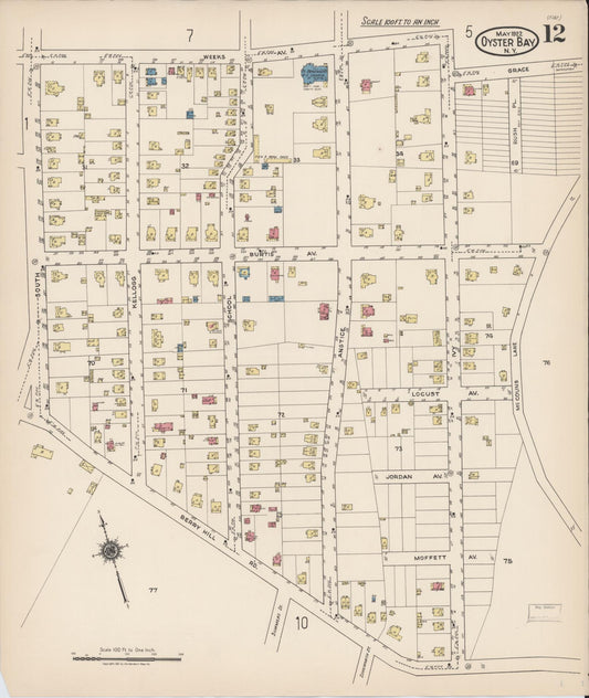 Sanborn Fire Insurance Map from Oyster Bay, Nassau County, New York (1922), Sheet #0012 - Historic Sanborn Fire Insurance Map Print, vintage old map wall art, antique decor, genealogy gift, New York New York map