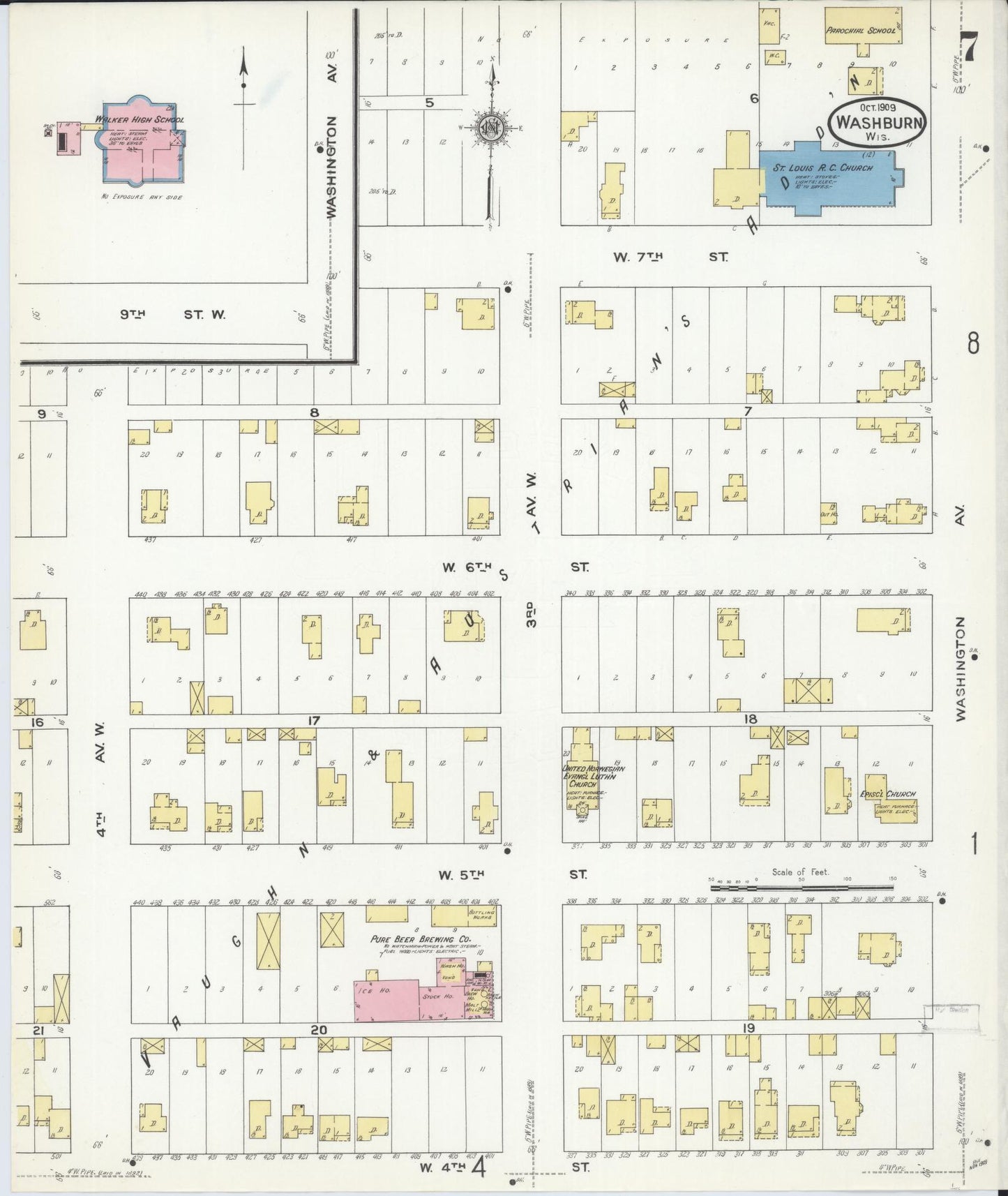 Sanborn Fire Insurance Map from Washburn, Bayfield County, Wisconsin (1909), Sheet #0007 - Historic Sanborn Fire Insurance Map Print, vintage old map wall art, antique decor, genealogy gift, Wisconsin Wisconsin map