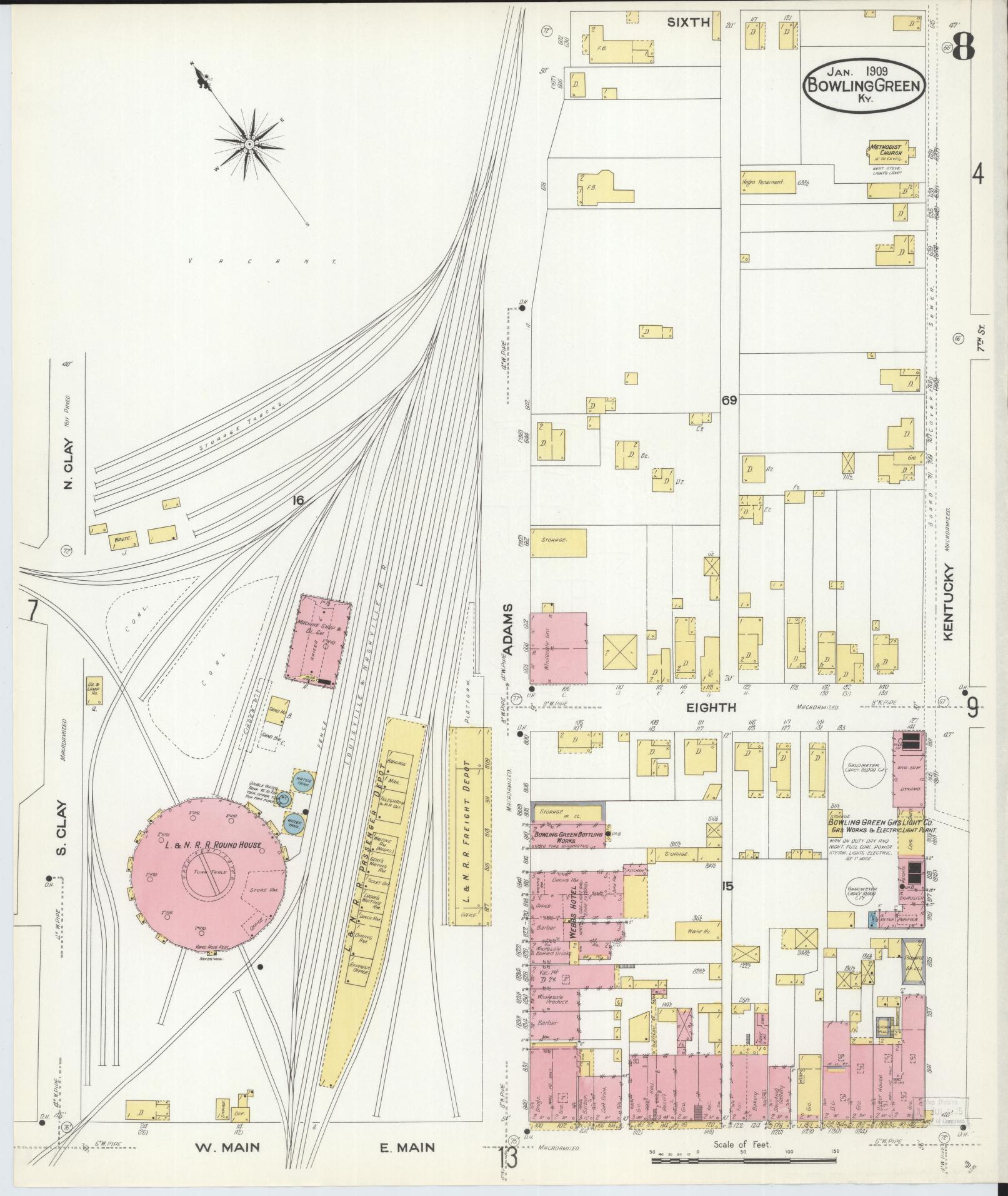 Sanborn Fire Insurance Map from Bowling Green, Warren County, Kentucky (1909), Sheet #0008 - Historic Sanborn Fire Insurance Map Print, vintage old map wall art, antique decor, genealogy gift, Kentucky Kentucky map