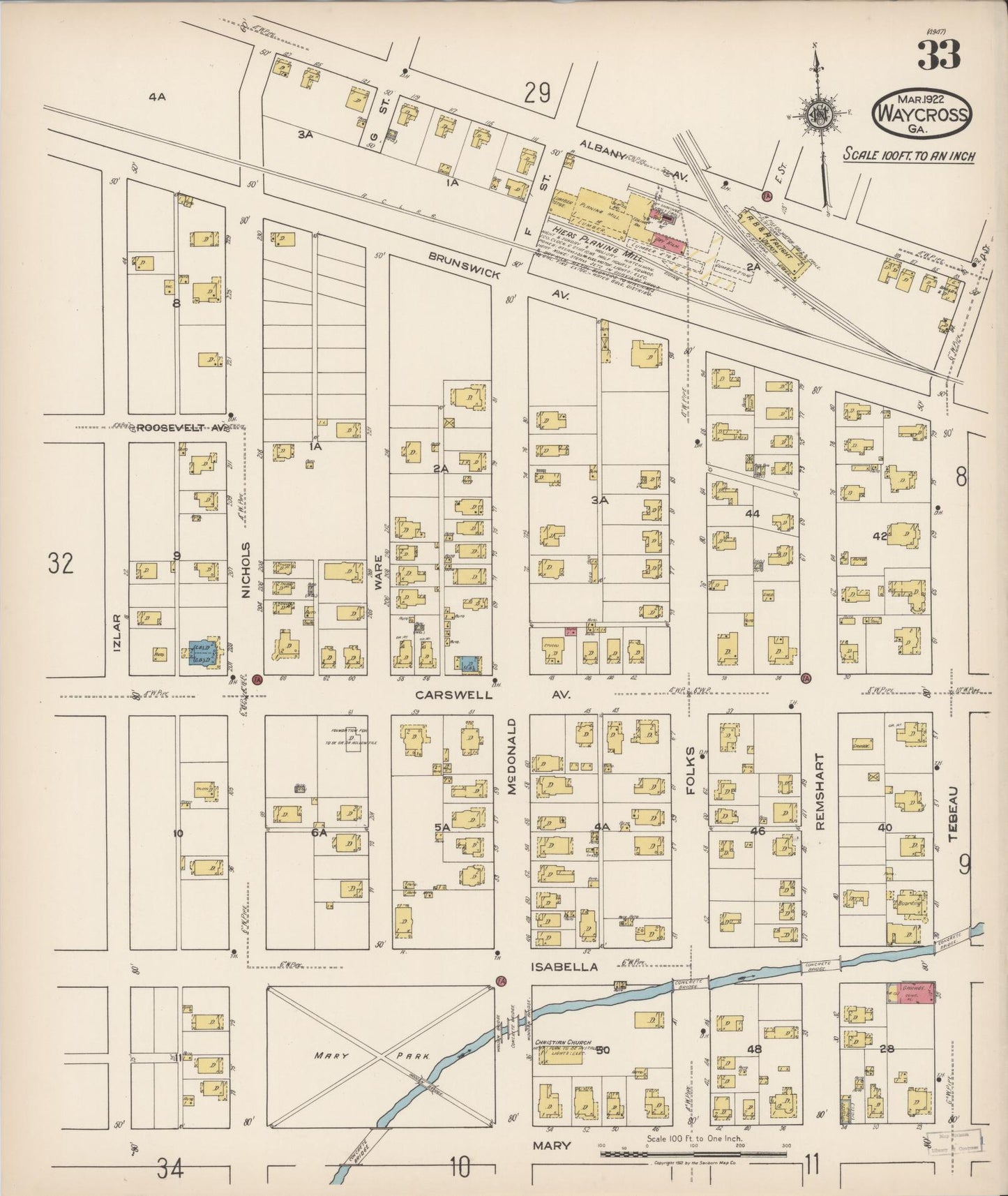 Sanborn Fire Insurance Map from Waycross, Ware County, Georgia (1922), Sheet #0033 - Complete Map Set gallery image, historic Sanborn map, vintage wall art, Georgia Georgia