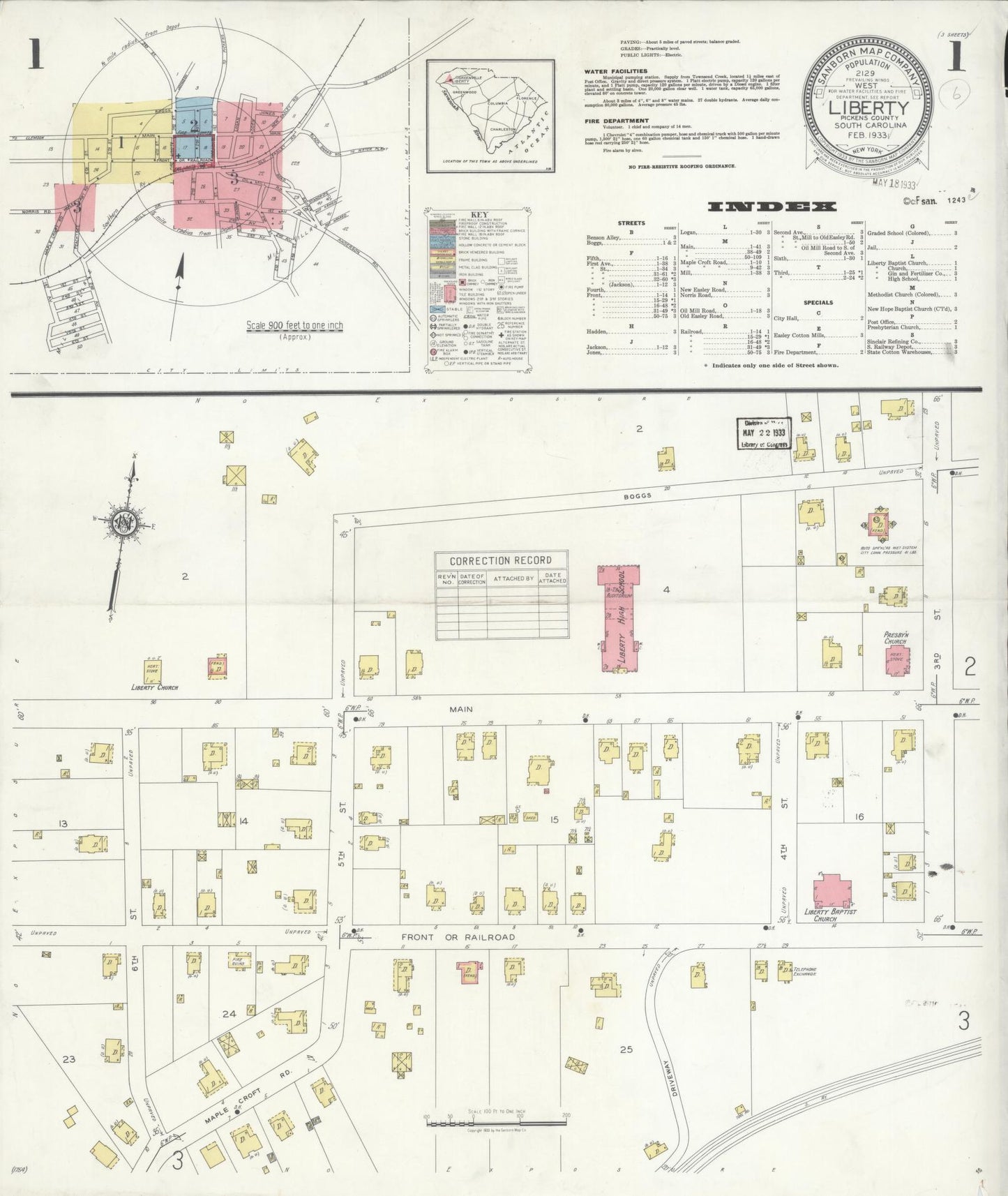 Sanborn Fire Insurance Map from Liberty, Pickens County, South Carolina (1933), Sheet #0001 - Historic Sanborn Fire Insurance Map Print, vintage old map wall art, antique decor, genealogy gift, South Carolina South Carolina map