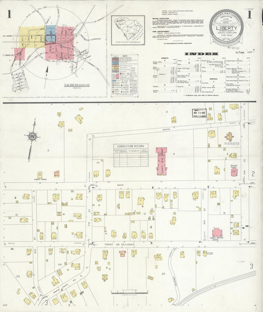 Sanborn Fire Insurance Map from Liberty, Pickens County, South Carolina (1933), Sheet #0001 - Historic Sanborn Fire Insurance Map Print, vintage old map wall art, antique decor, genealogy gift, South Carolina South Carolina map