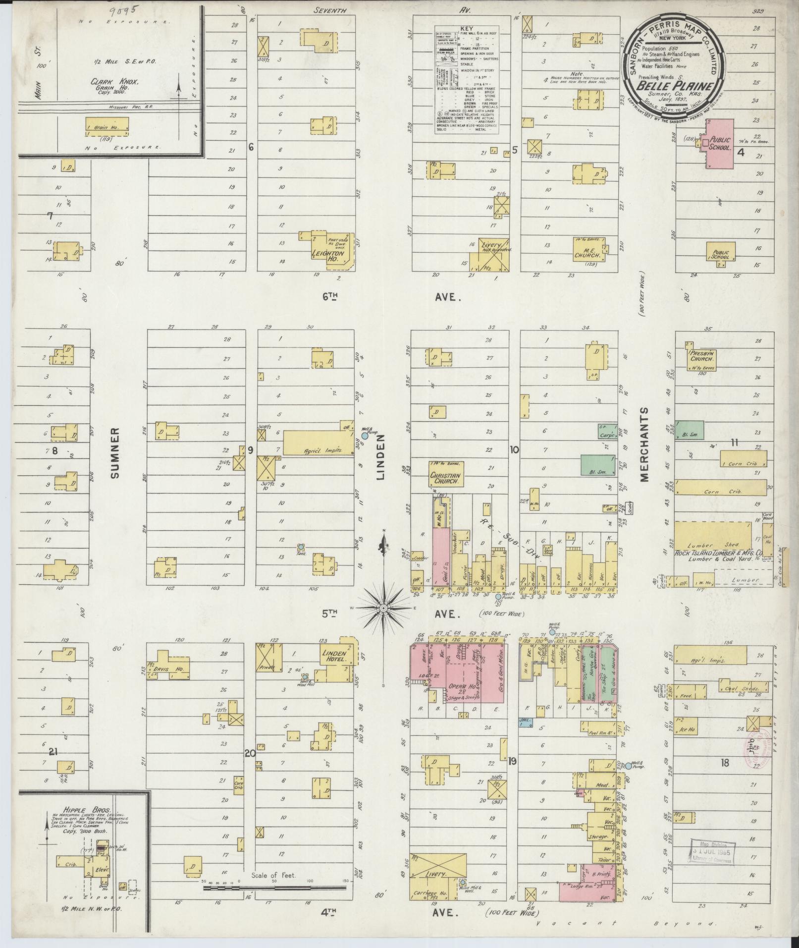 Sanborn Fire Insurance Map from Belle Plaine, Sumner County, Kansas (1897), Sheet #0001 - Historic Sanborn Fire Insurance Map Print, vintage old map wall art, antique decor, genealogy gift, Kansas Kansas map