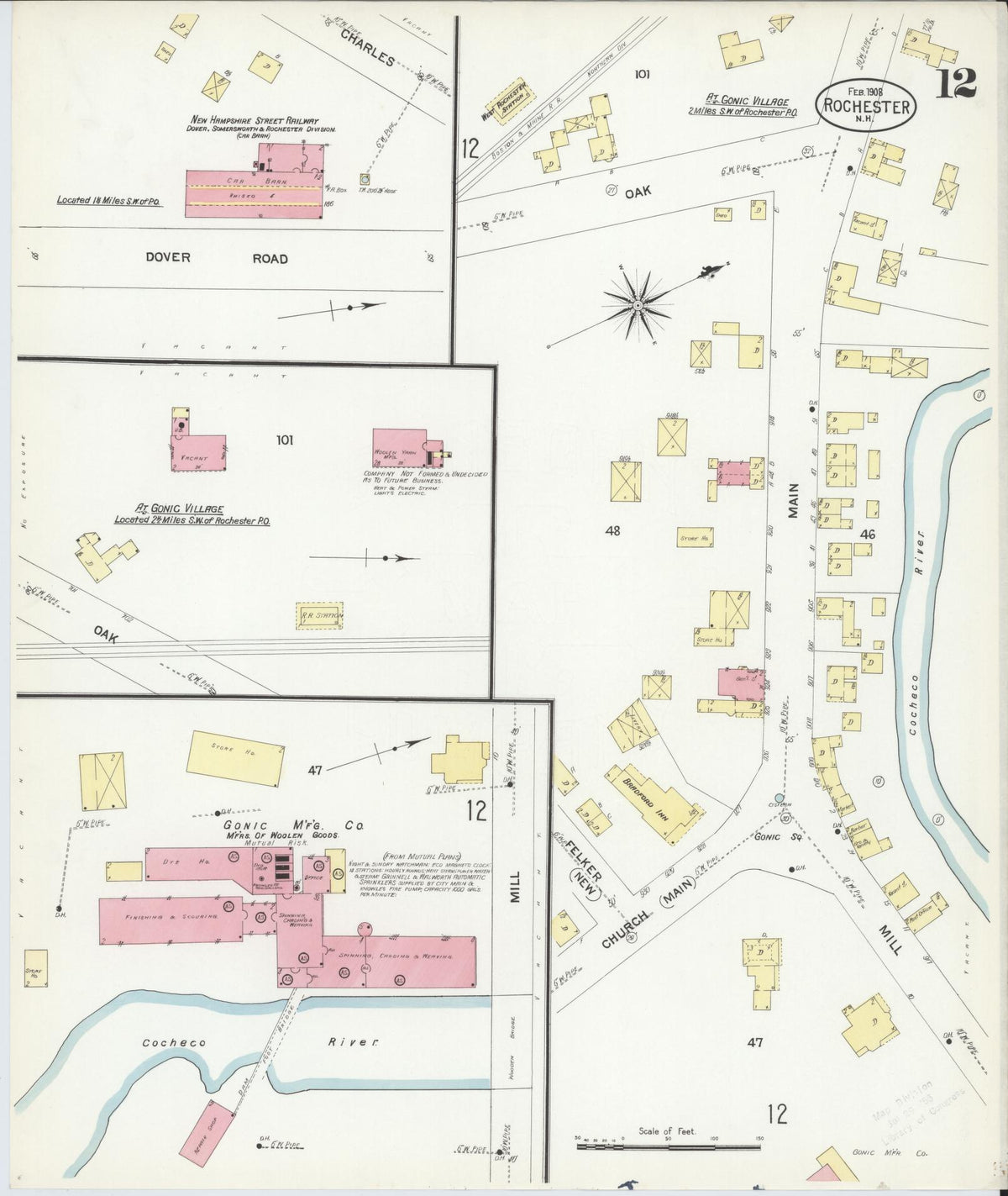 Sanborn Fire Insurance Map from Rochester, Strafford County, New Hampshire (1908), Sheet #0012 - Historic Sanborn Fire Insurance Map Print, vintage old map wall art, antique decor, genealogy gift, New Hampshire New Hampshire map