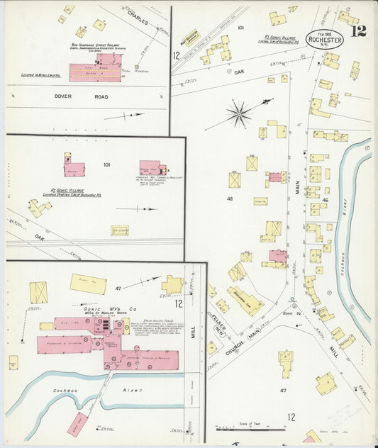Sanborn Fire Insurance Map from Rochester, Strafford County, New Hampshire (1908), Sheet #0012 - Historic Sanborn Fire Insurance Map Print, vintage old map wall art, antique decor, genealogy gift, New Hampshire New Hampshire map