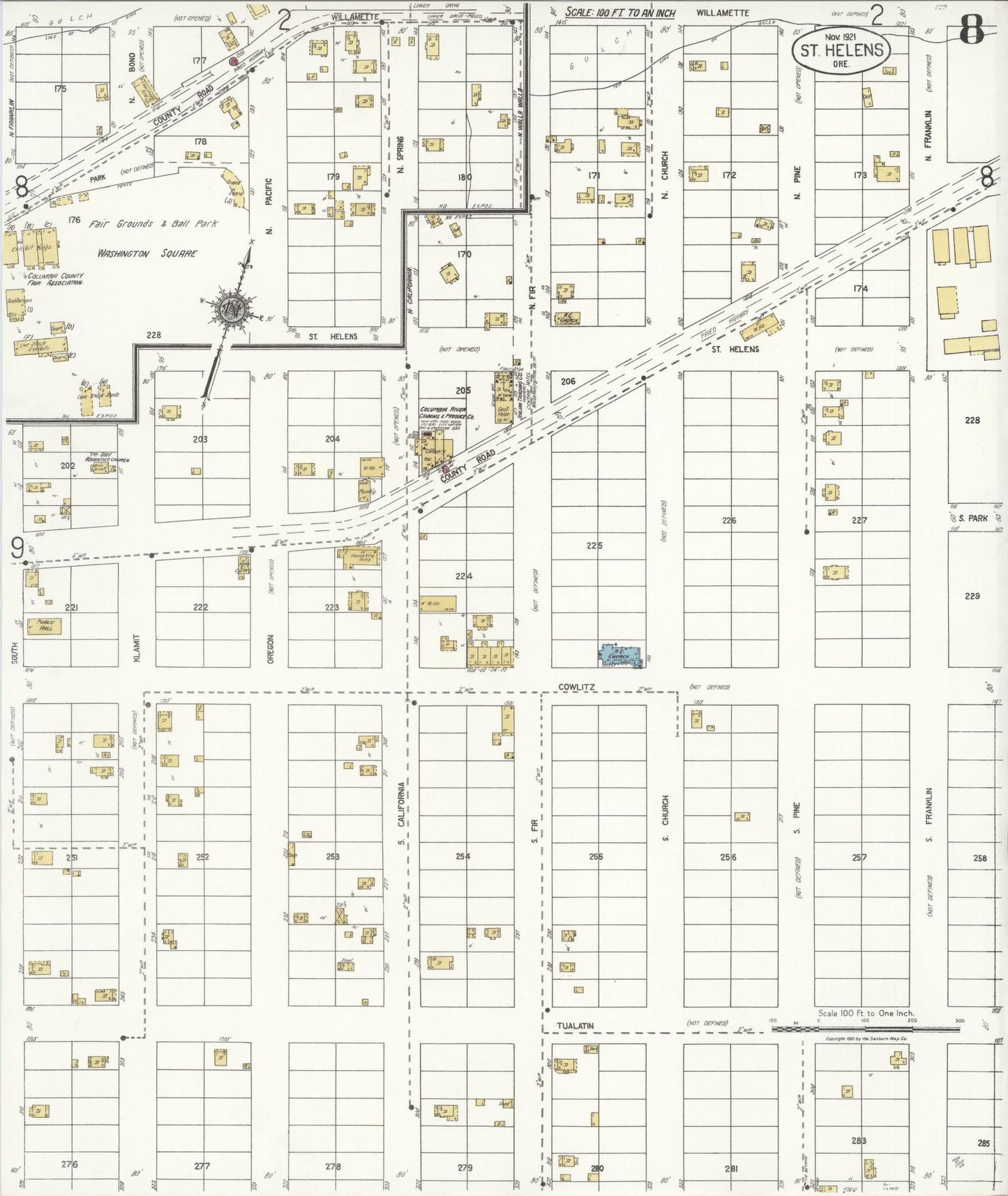 Sanborn Fire Insurance Map from Saint Helens, Columbia County, Oregon (1921), Sheet #0008 - Historic Sanborn Fire Insurance Map Print, vintage old map wall art, antique decor, genealogy gift, Oregon Oregon map