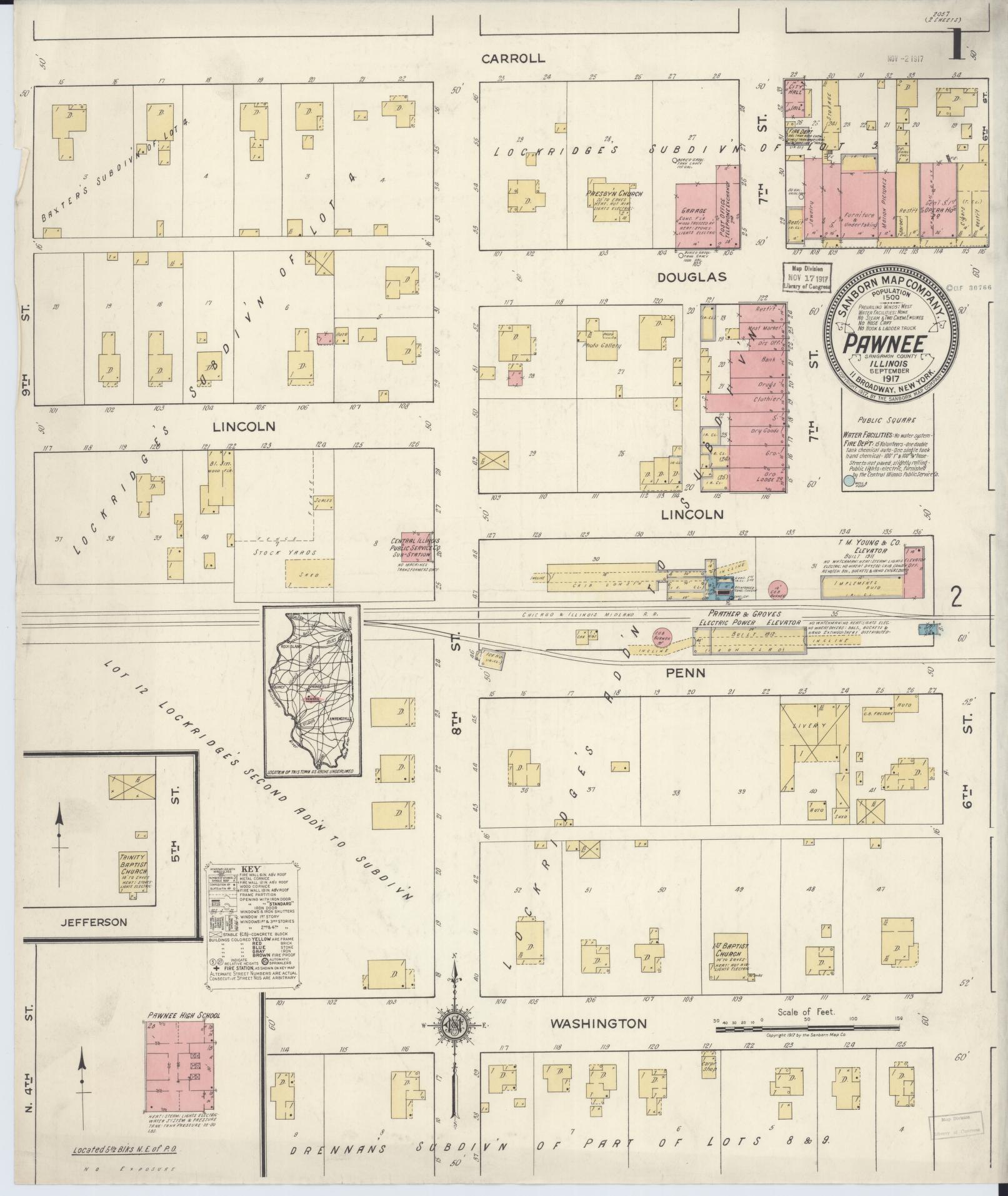 Sanborn Fire Insurance Map from Pawnee, Sangamon County, Illinois (1917), Sheet #0001 - Complete Map Set gallery image, historic Sanborn map, vintage wall art, Illinois Illinois