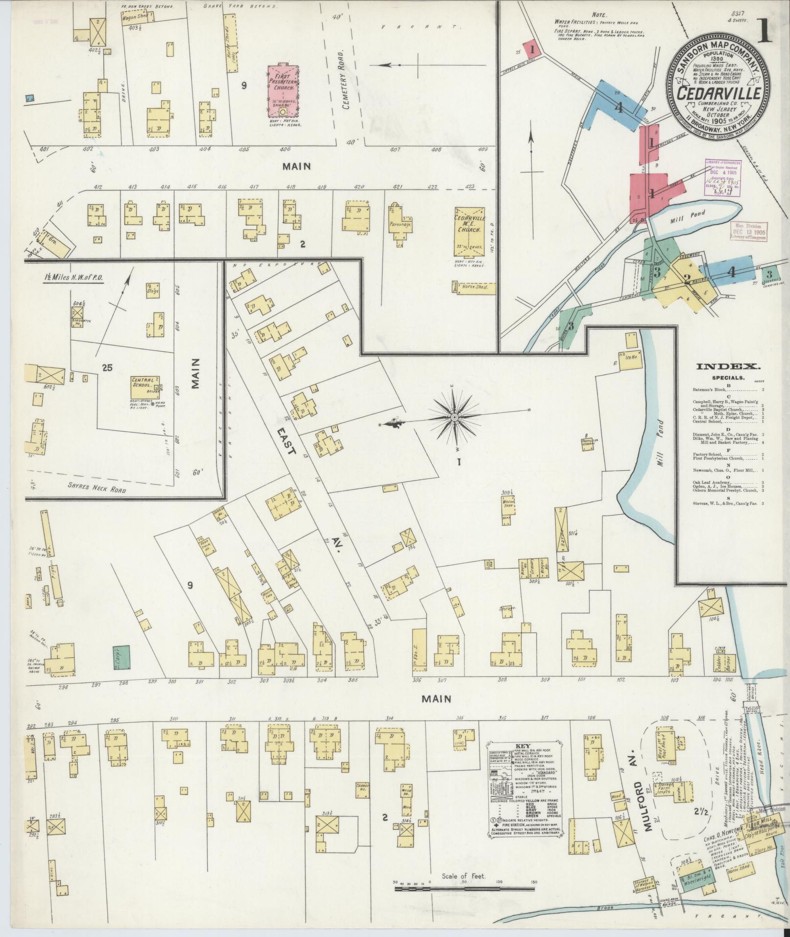Sanborn Fire Insurance Map from Cedarville, Cumberland County, New Jersey (1905), Sheet #0001 - Historic Sanborn Fire Insurance Map Print, vintage old map wall art, antique decor, genealogy gift, New Jersey New Jersey map