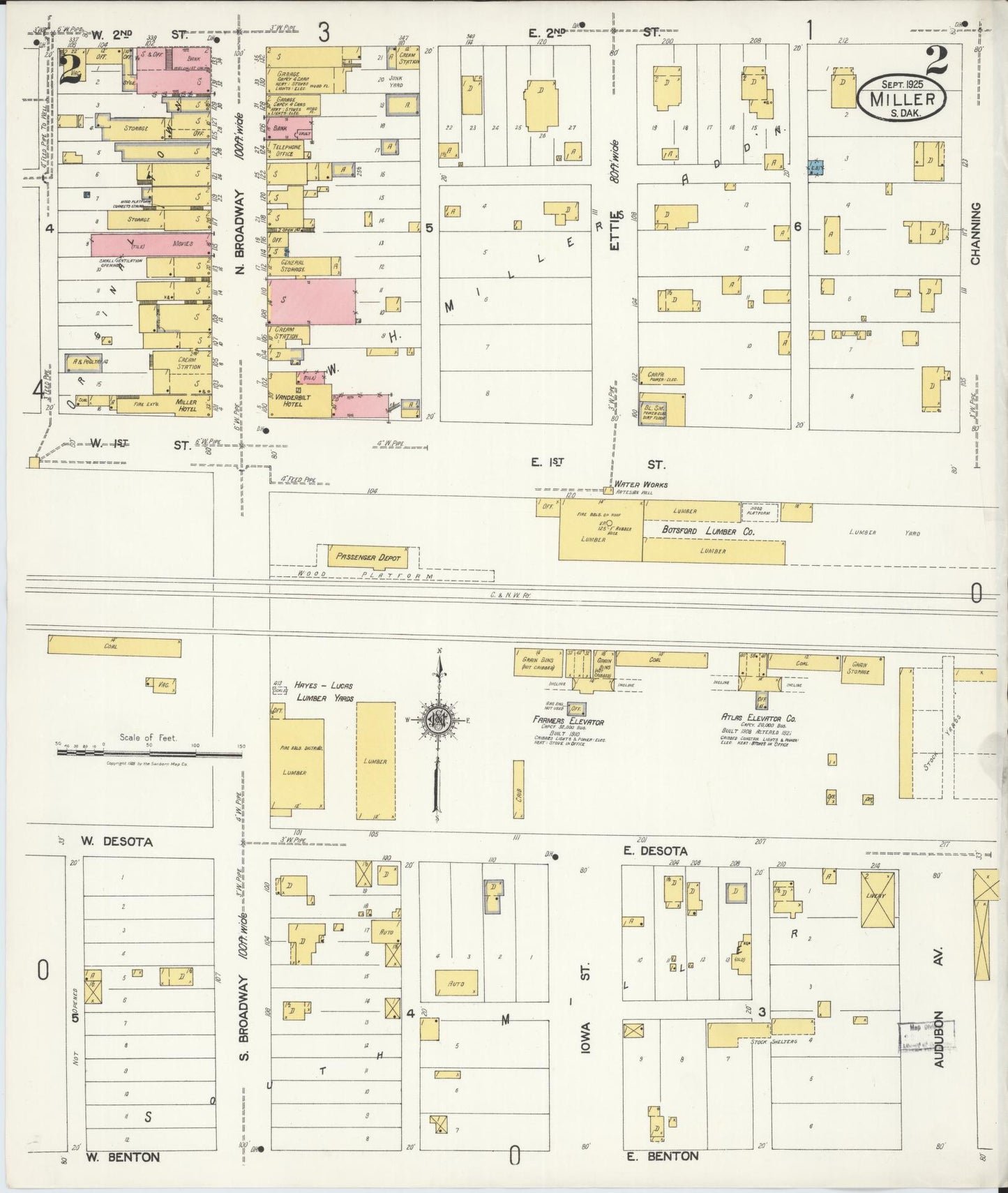 Sanborn Fire Insurance Map from Miller, Hand County, South Dakota (1925), Sheet #0002 - Historic Sanborn Fire Insurance Map Print, vintage old map wall art, antique decor, genealogy gift, South Dakota South Dakota map