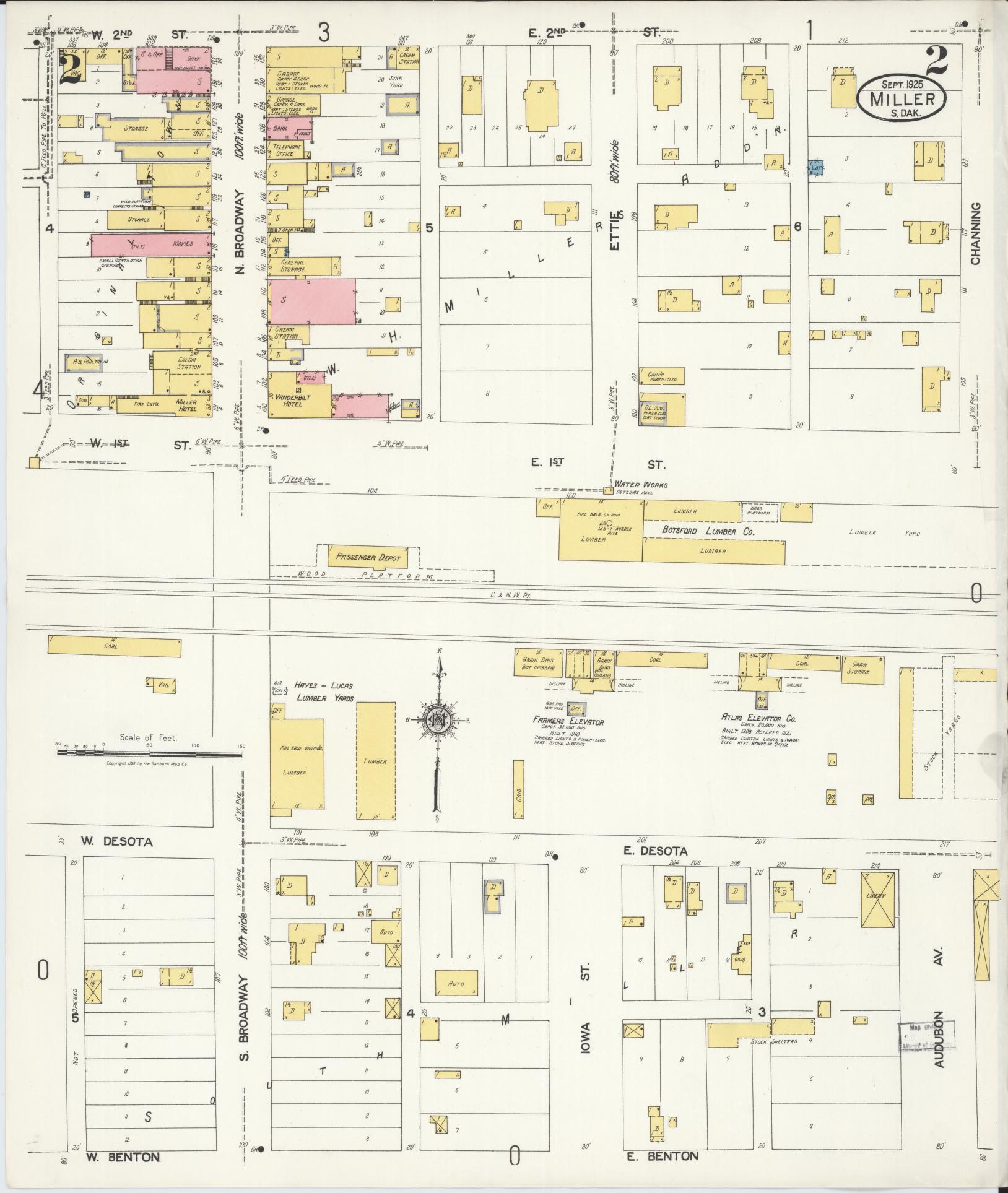 Sanborn Fire Insurance Map from Miller, Hand County, South Dakota (1925), Sheet #0002 - Historic Sanborn Fire Insurance Map Print, vintage old map wall art, antique decor, genealogy gift, South Dakota South Dakota map