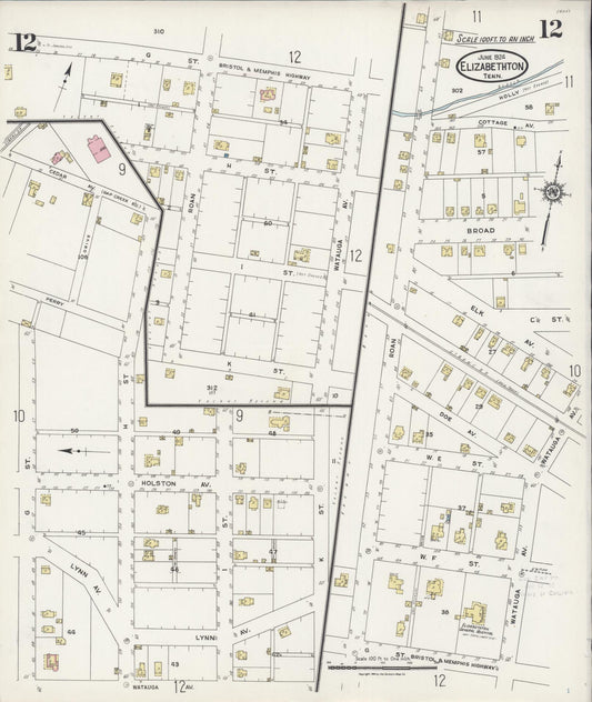 Sanborn Fire Insurance Map from Elizabethton, Carter County, Tennessee (1924), Sheet #0012 - Historic Sanborn Fire Insurance Map Print, vintage old map wall art, antique decor, genealogy gift, Tennessee Tennessee map