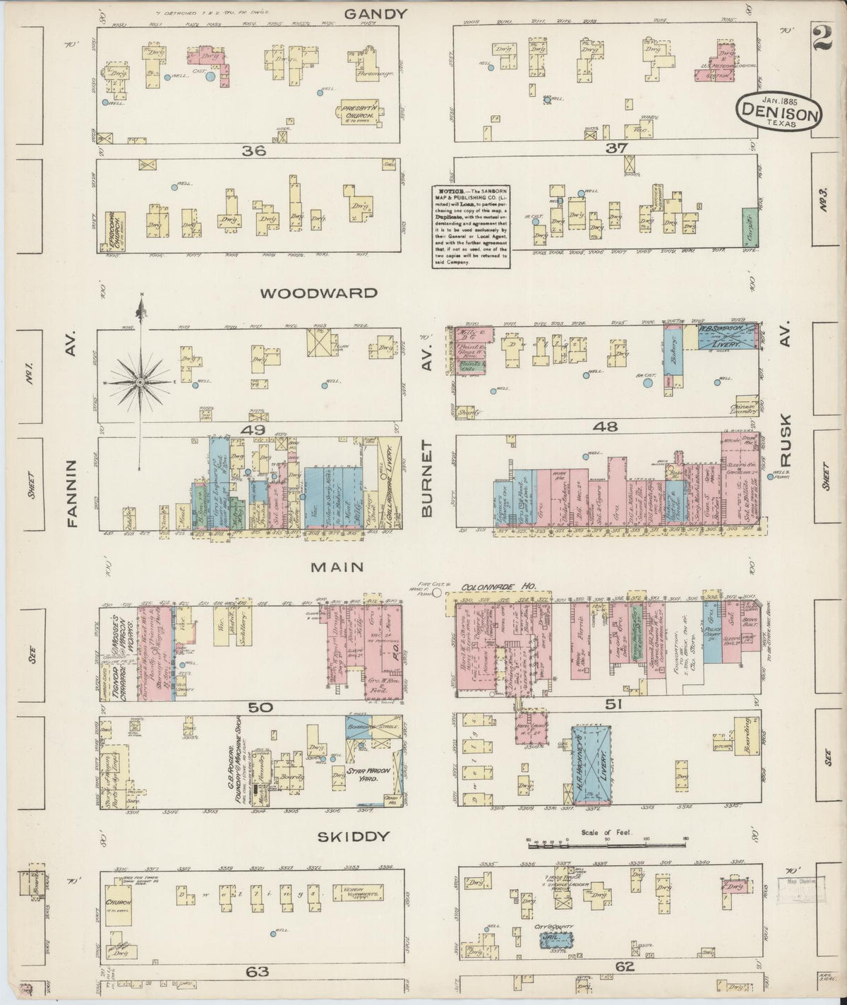 Sanborn Fire Insurance Map from Denison, Grayson County, Texas (1885), Sheet #0002 - Historic Sanborn Fire Insurance Map Print, vintage old map wall art, antique decor, genealogy gift, Texas Texas map