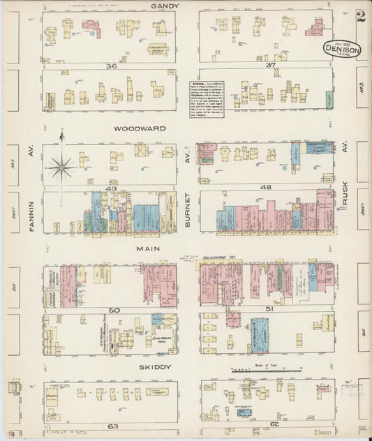 Sanborn Fire Insurance Map from Denison, Grayson County, Texas (1885), Sheet #0002 - Historic Sanborn Fire Insurance Map Print, vintage old map wall art, antique decor, genealogy gift, Texas Texas map