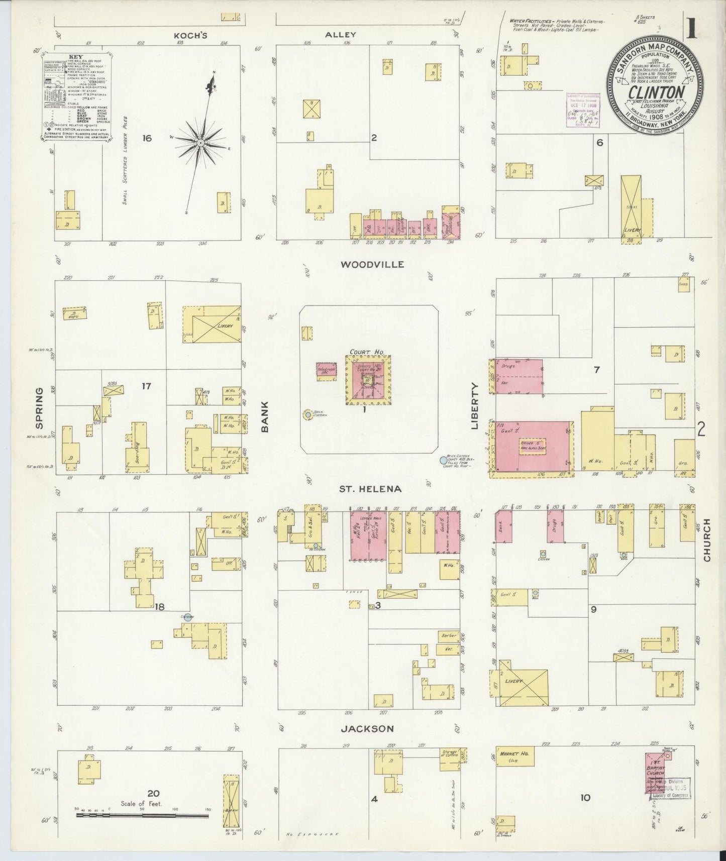 Sanborn Fire Insurance Map from Clinton, East Feliciana Parish, Louisiana (1908), Sheet #0001 - Complete Map Set gallery image, historic Sanborn map, vintage wall art, Louisiana Louisiana