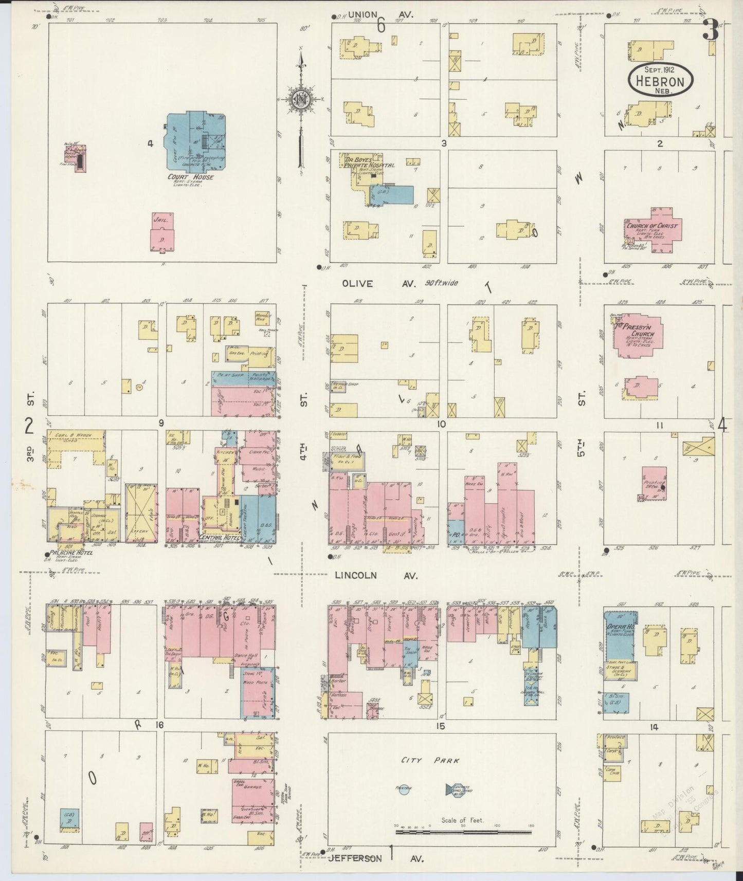 Sanborn Fire Insurance Map from Hebron, Thayer County, Nebraska (1912), Sheet #0003 - Historic Sanborn Fire Insurance Map Print, vintage old map wall art, antique decor, genealogy gift, Nebraska Nebraska map
