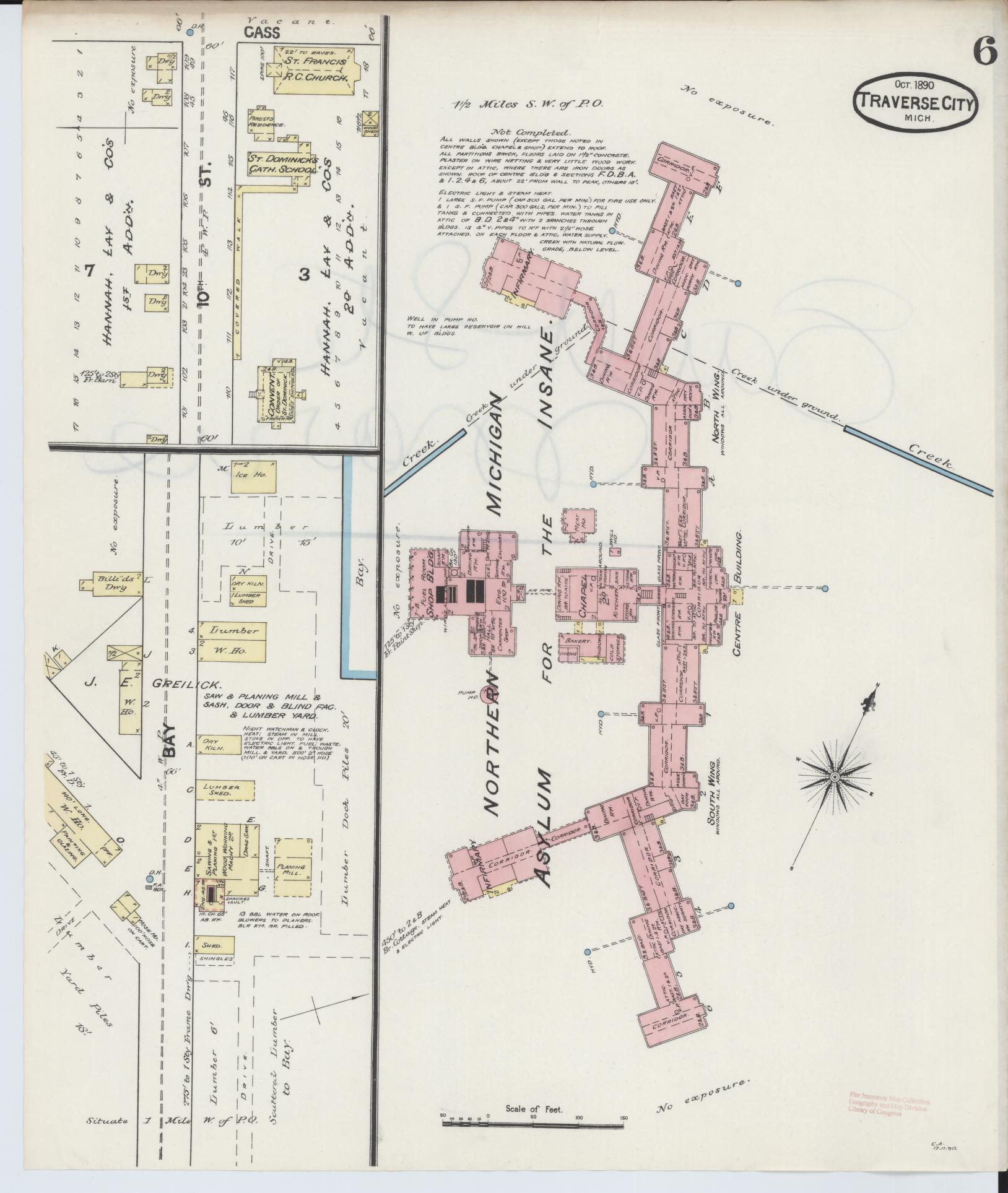 Sanborn Fire Insurance Map from Traverse City, Grand Traverse County, Michigan (1890), Sheet #0006 - Historic Sanborn Fire Insurance Map Print, vintage old map wall art, antique decor, genealogy gift, Michigan Michigan map