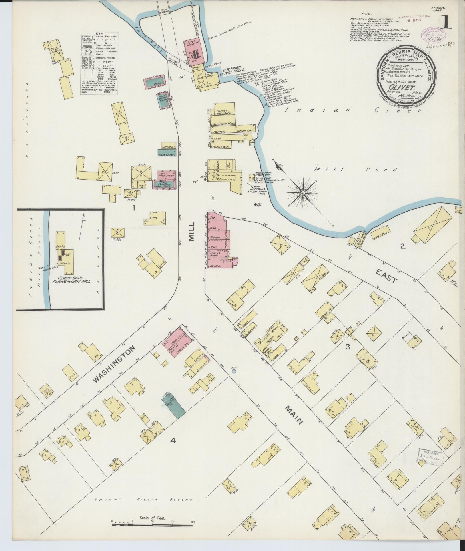 Sanborn Fire Insurance Map from Olivet, Eaton County, Michigan (1893), Sheet #0001 - Complete Map Set gallery image, historic Sanborn map, vintage wall art, Michigan Michigan