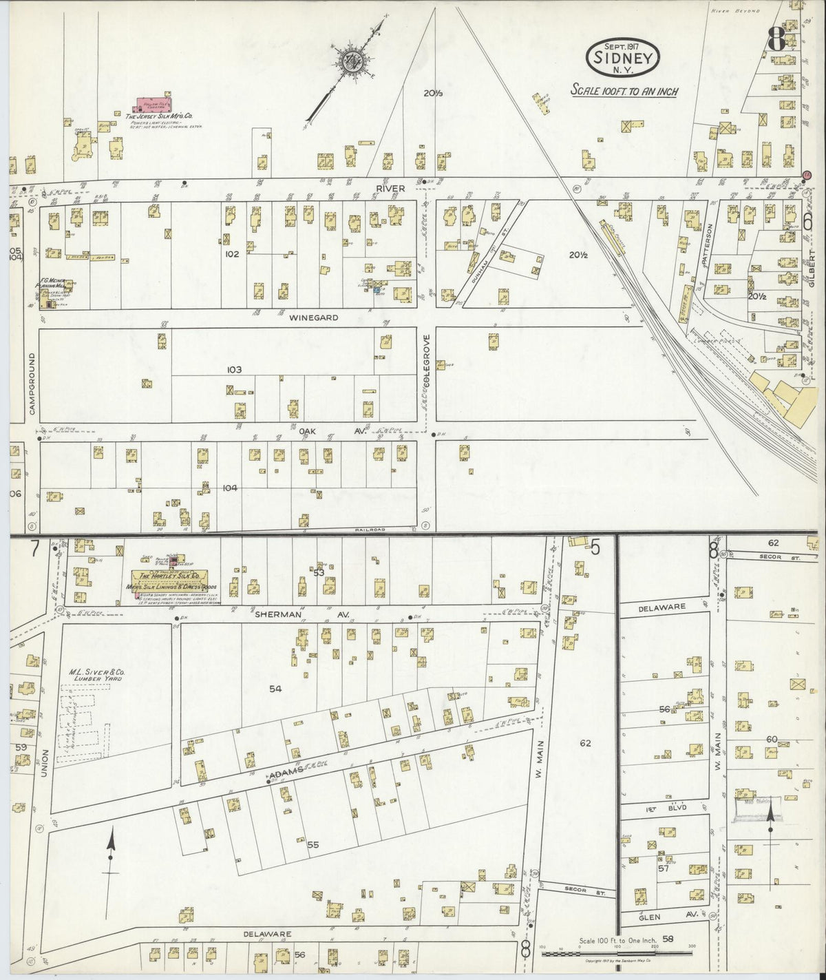Sanborn Fire Insurance Map from Sidney, Delaware County, New York (1917), Sheet #0008 - Historic Sanborn Fire Insurance Map Print, vintage old map wall art, antique decor, genealogy gift, Sidney Delaware map