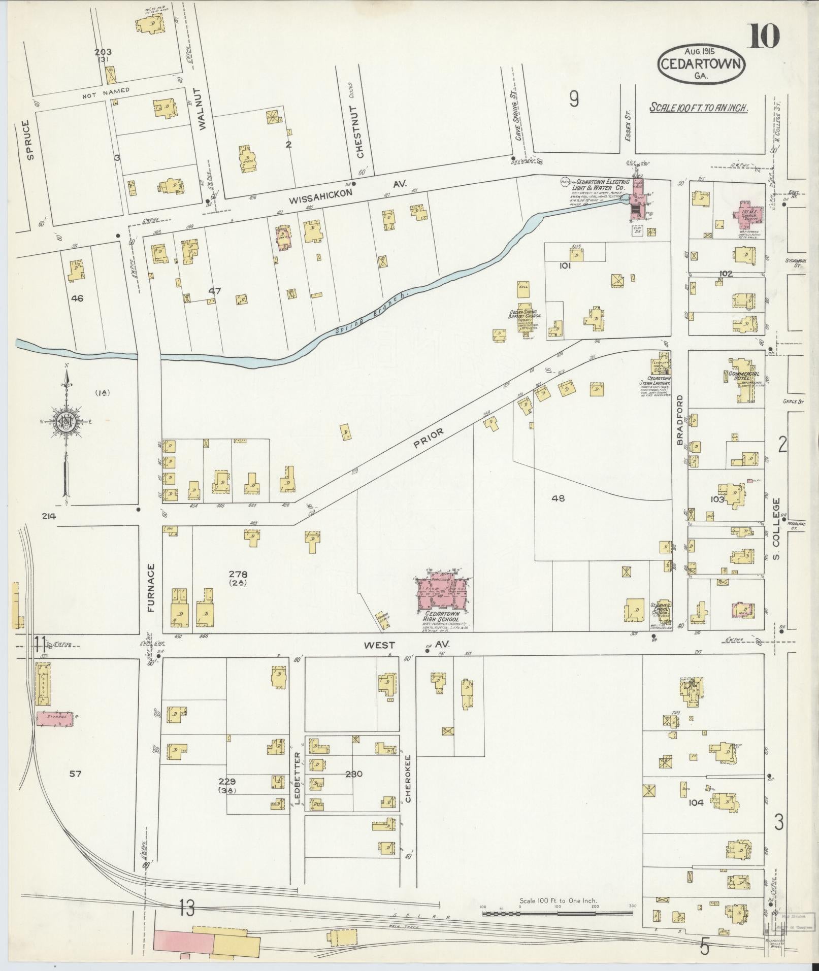 Sanborn Fire Insurance Map from Cedartown, Polk County, Georgia (1915), Sheet #0010 - Historic Sanborn Fire Insurance Map Print, vintage old map wall art, antique decor, genealogy gift, Georgia Georgia map