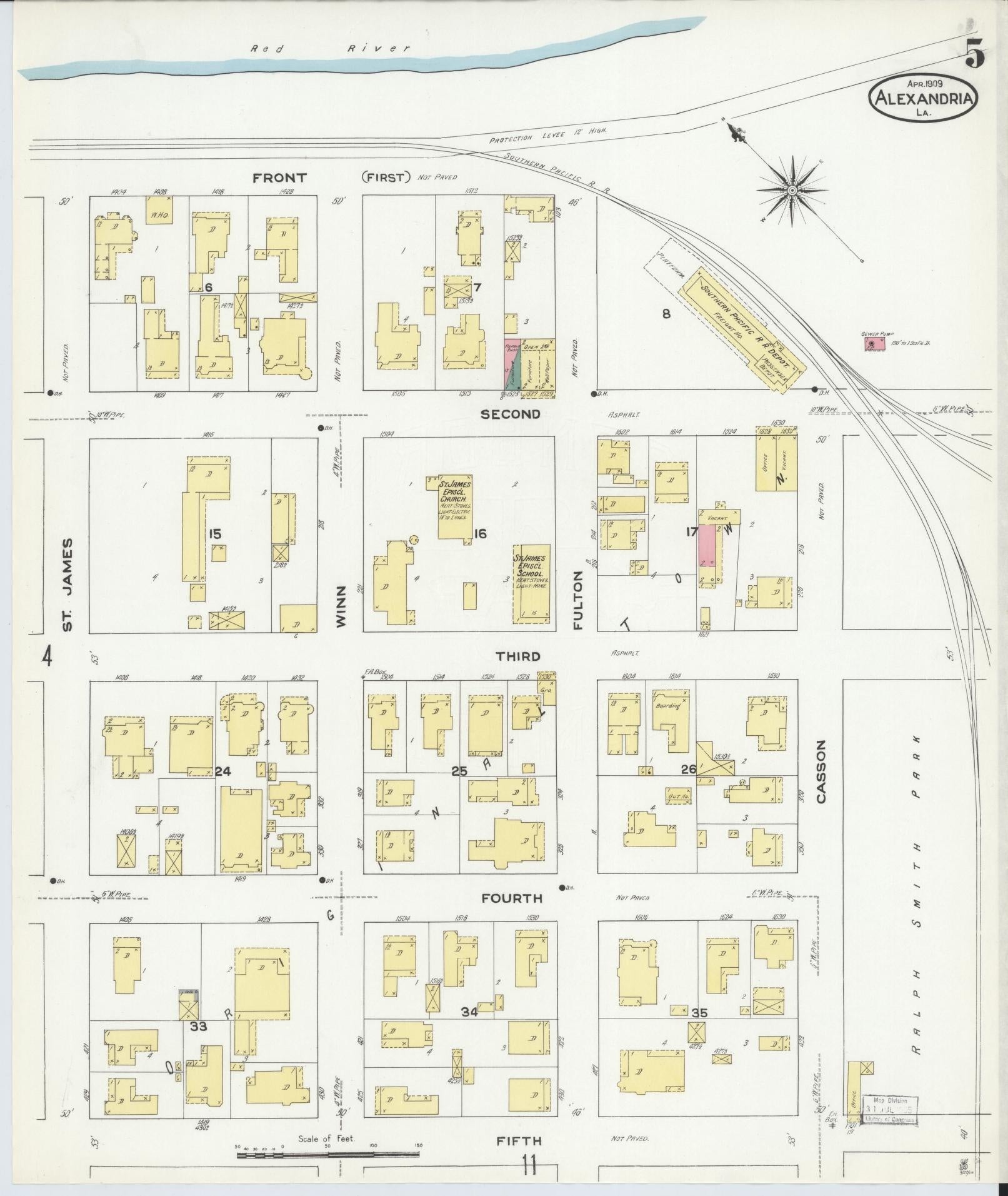 Sanborn Fire Insurance Map from Alexandria, Rapides Parish, Louisiana (1909), Sheet #0005 - Complete Map Set gallery image, historic Sanborn map, vintage wall art, Louisiana Louisiana