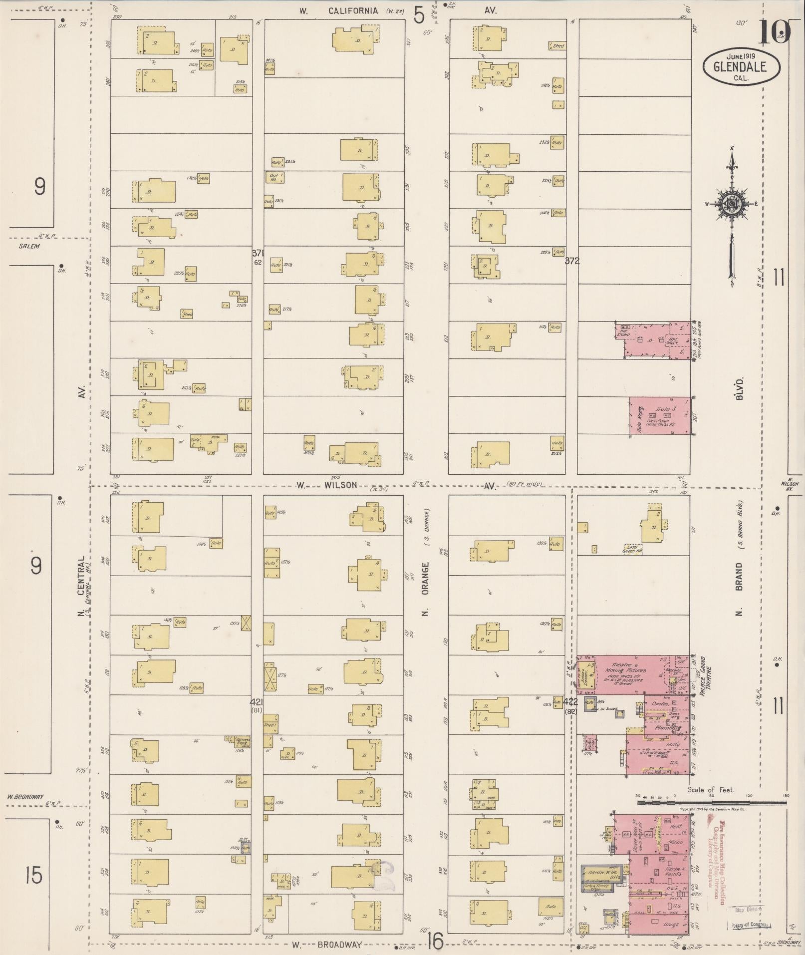 Sanborn Fire Insurance Map from Glendale, Los Angeles County, California (1919), Sheet #0010 - Historic Sanborn Fire Insurance Map Print, vintage old map wall art, antique decor, genealogy gift, California California map