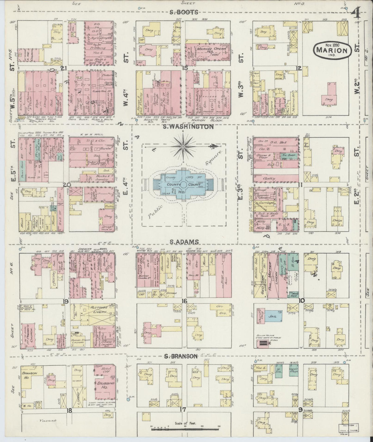 Sanborn Fire Insurance Map from Marion, Grant County, Indiana (1890), Sheet #0004 - Historic Sanborn Fire Insurance Map Print, vintage old map wall art, antique decor, genealogy gift, Indiana Indiana map