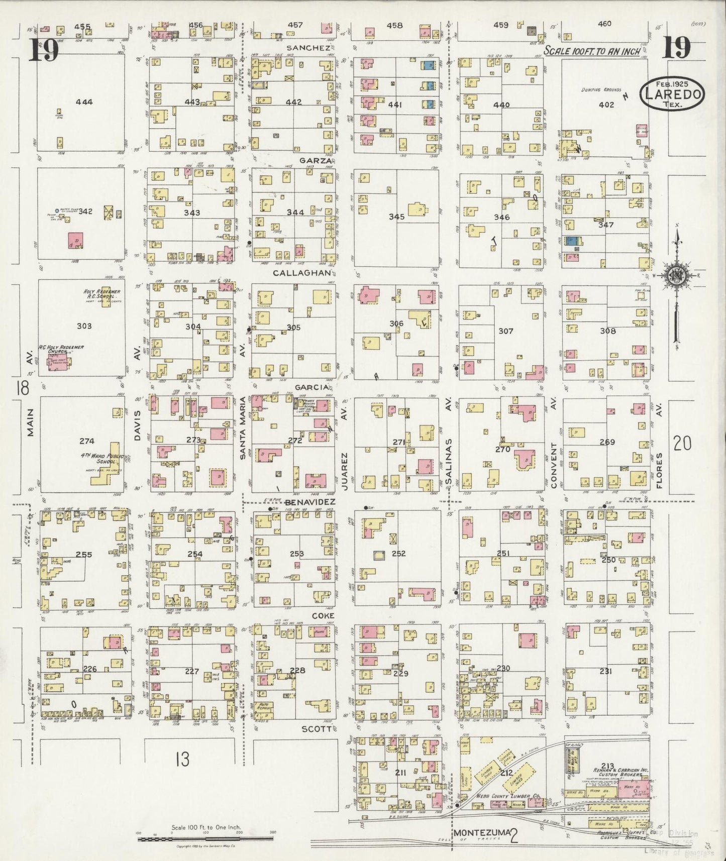 Sanborn Fire Insurance Map from Laredo, Webb County, Texas (1925), Sheet #0019 - Historic Sanborn Fire Insurance Map Print, vintage old map wall art, antique decor, genealogy gift, Texas Texas map