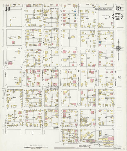 Sanborn Fire Insurance Map from Laredo, Webb County, Texas (1925), Sheet #0019 - Historic Sanborn Fire Insurance Map Print, vintage old map wall art, antique decor, genealogy gift, Texas Texas map