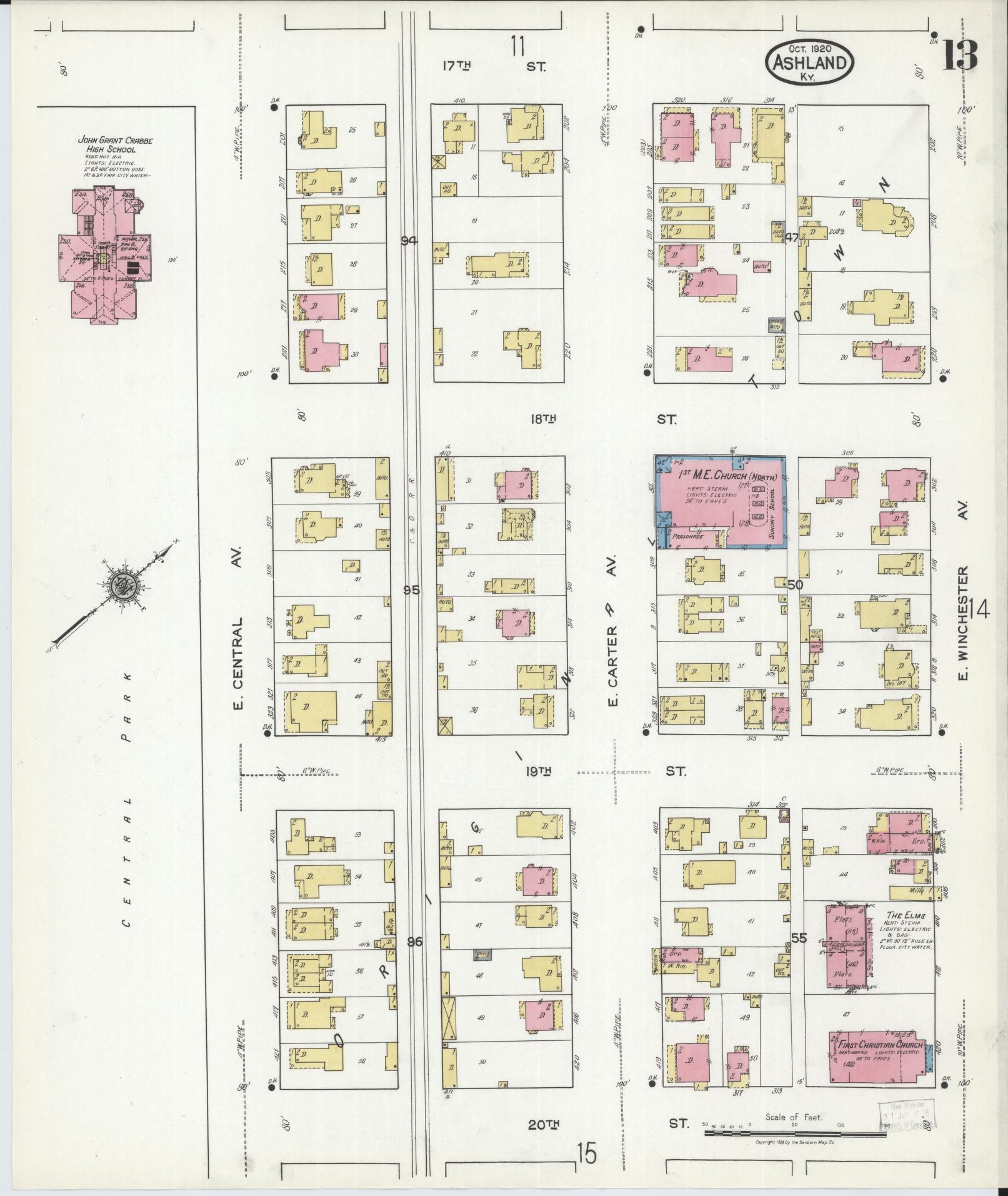 Sanborn Fire Insurance Map from Ashland, Boyd County, Kentucky (1920), Sheet #0013 - Historic Sanborn Fire Insurance Map Print, vintage old map wall art, antique decor, genealogy gift, Kentucky Kentucky map
