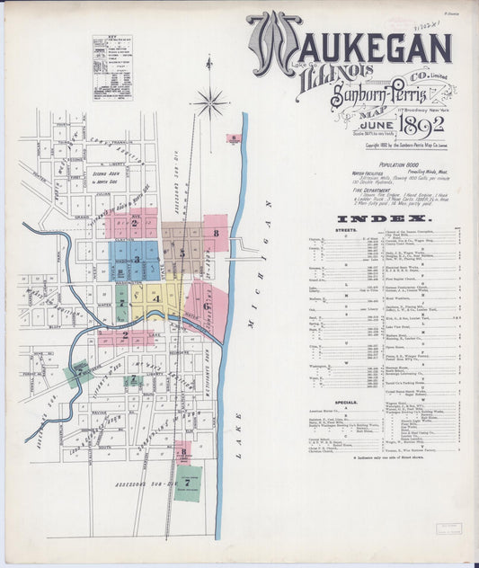 Sanborn Fire Insurance Map from Waukegan, Lake County, Illinois (1892), Sheet #0001 - Historic Sanborn Fire Insurance Map Print, vintage old map wall art, antique decor, genealogy gift, Illinois Illinois map
