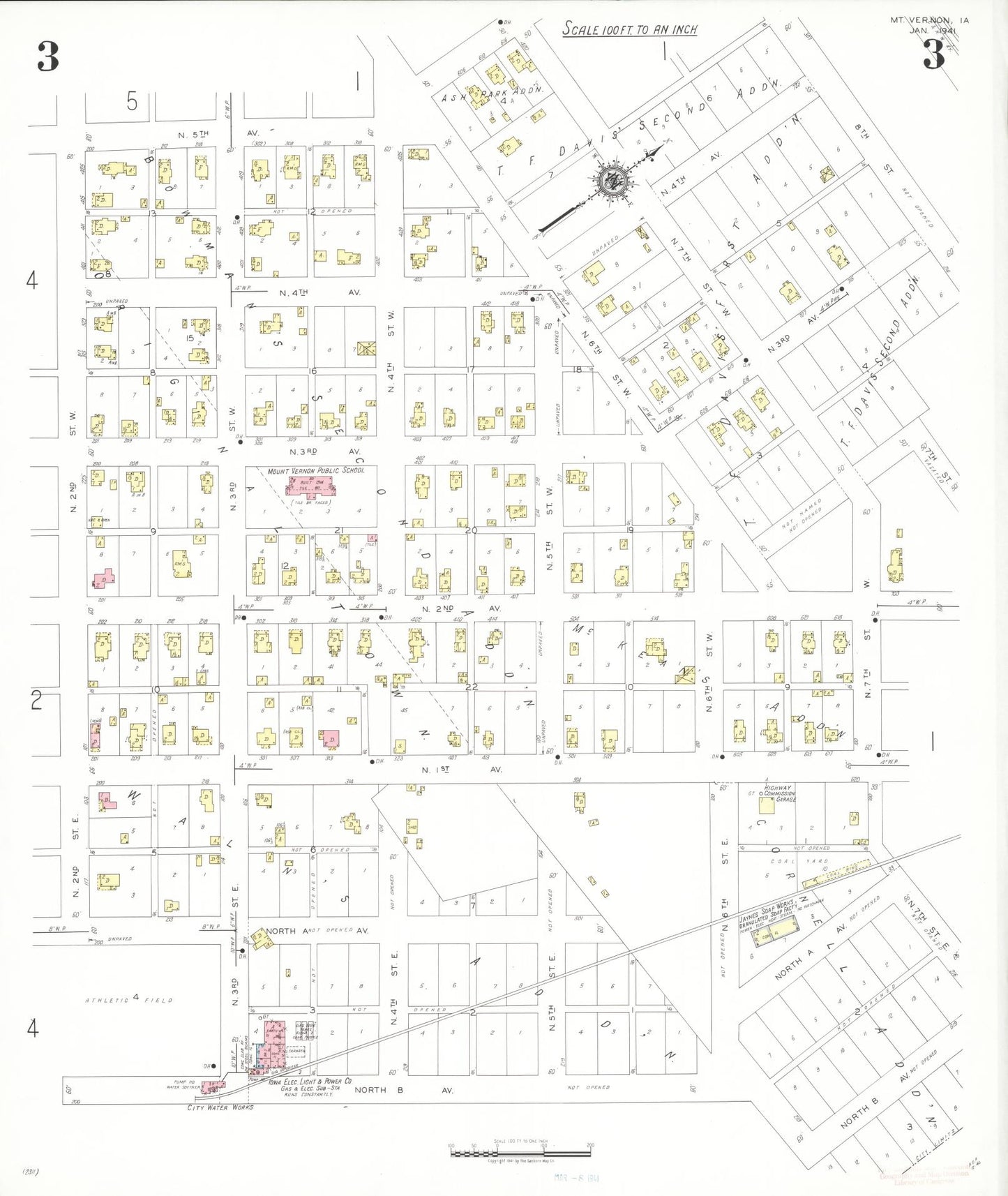 Sanborn Fire Insurance Map from Mount Vernon, Linn County, Iowa (1941), Sheet #0003 - Historic Sanborn Fire Insurance Map Print, vintage old map wall art