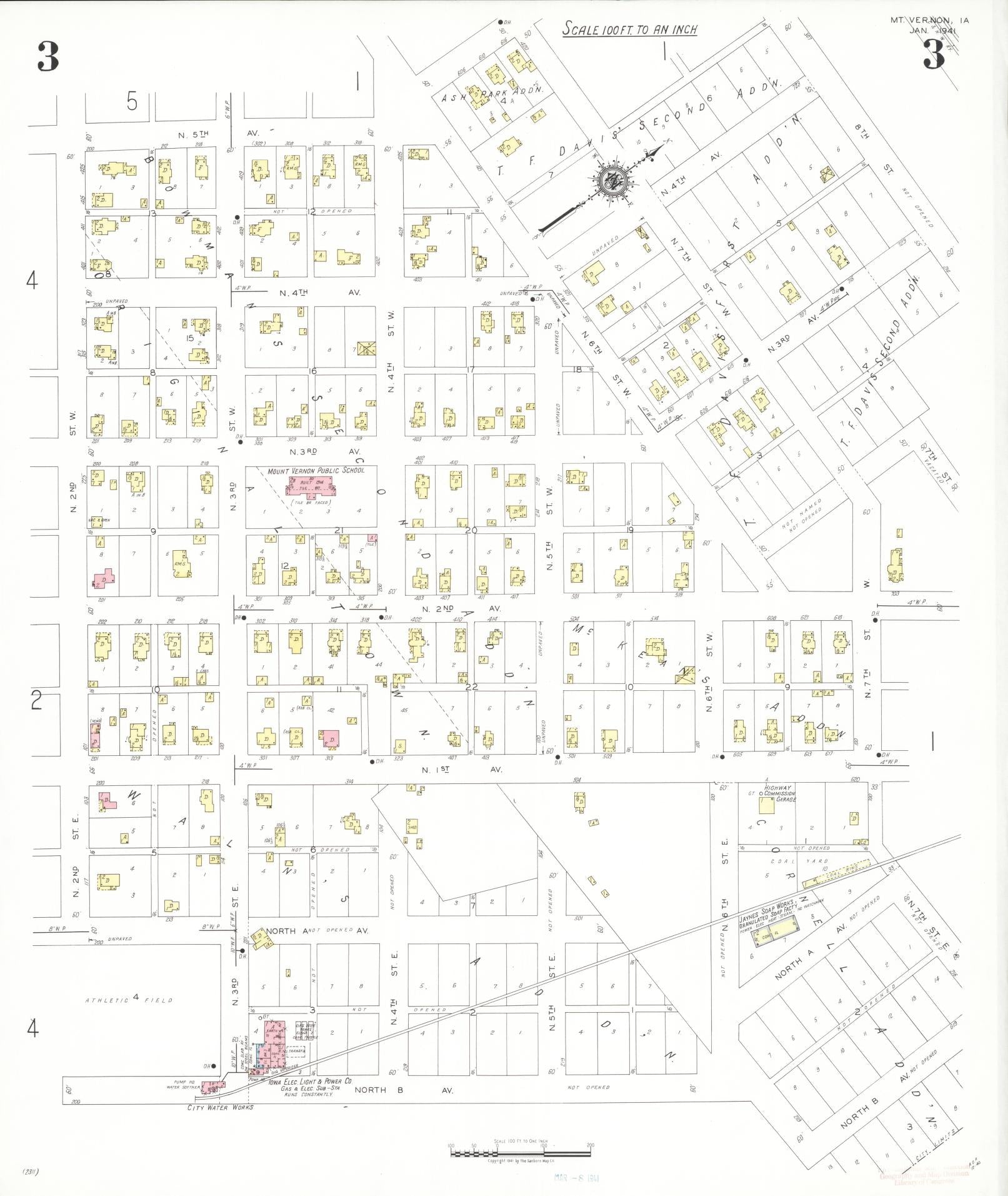 Sanborn Fire Insurance Map from Mount Vernon, Linn County, Iowa (1941), Sheet #0003 - Historic Sanborn Fire Insurance Map Print, vintage old map wall art