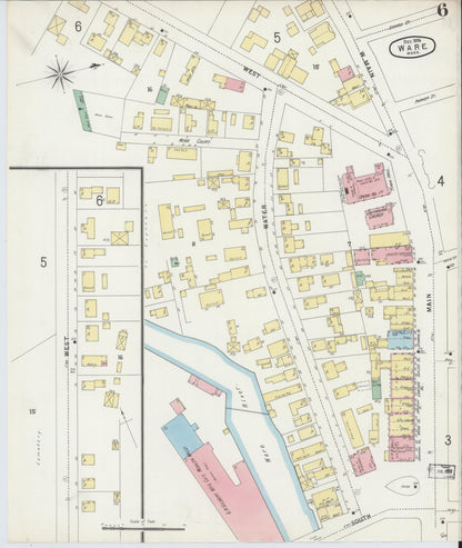 Sanborn Fire Insurance Map from Ware, Hampshire County, Massachusetts (1896), Sheet #0006 - Historic Sanborn Fire Insurance Map Print, vintage old map wall art, antique decor, genealogy gift, Massachusetts Massachusetts map