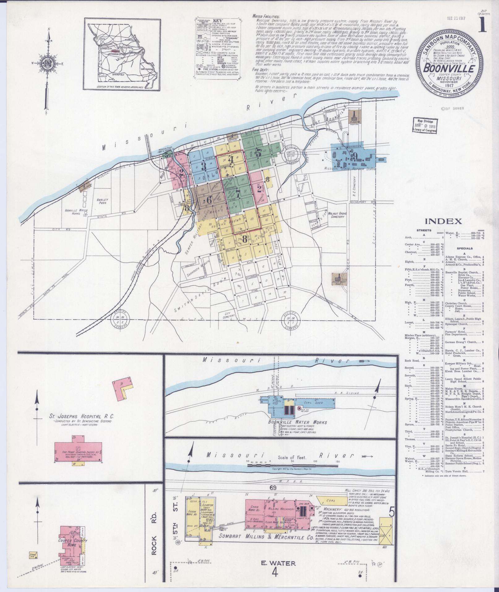 Sanborn Fire Insurance Map from Boonville, Cooper County, Missouri (1917), Sheet #0001 - Historic Sanborn Fire Insurance Map Print, vintage old map wall art, antique decor, genealogy gift, Missouri Missouri map