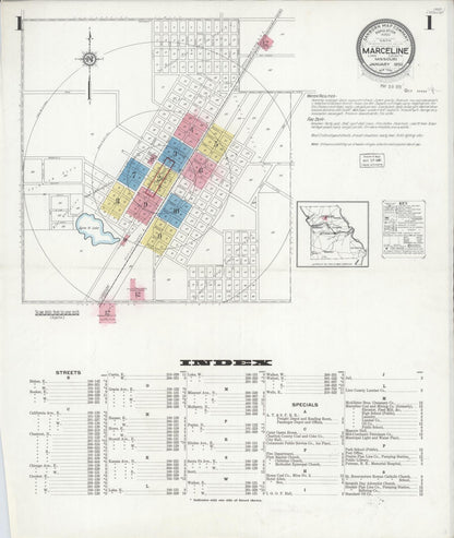 Sanborn Fire Insurance Map from Marceline, Linn County, Missouri (1930), Sheet #0001 - Complete Map Set gallery image, historic Sanborn map, vintage wall art, Missouri Missouri
