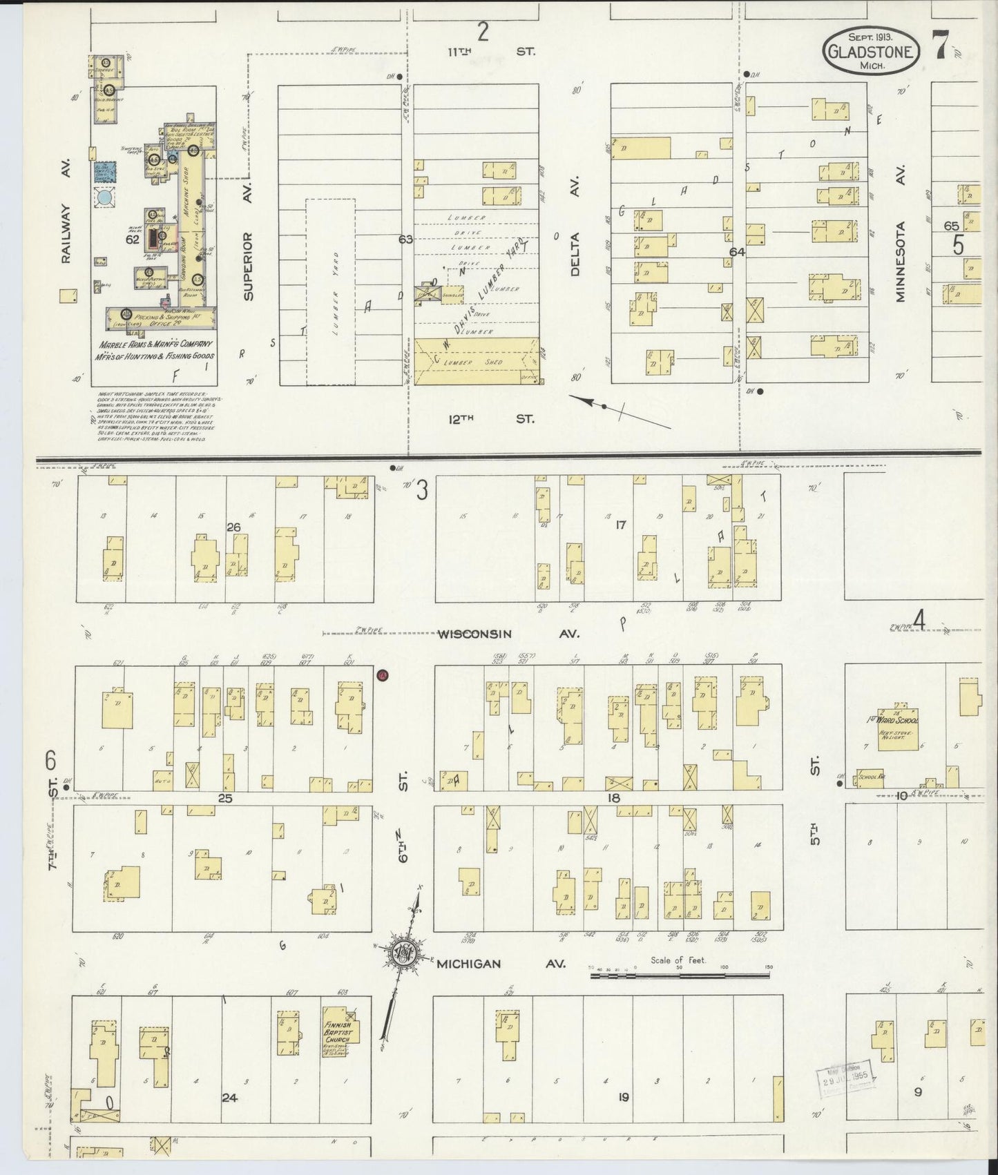 Sanborn Fire Insurance Map from Gladstone, Delta County, Michigan (1913), Sheet #0007 - Complete Map Set gallery image, historic Sanborn map, vintage wall art, Michigan Michigan