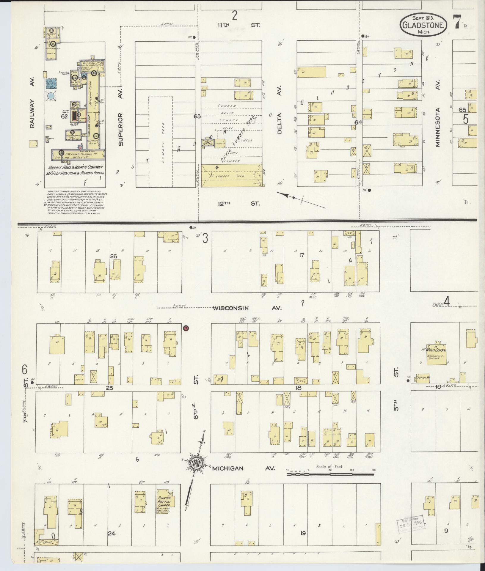Sanborn Fire Insurance Map from Gladstone, Delta County, Michigan (1913), Sheet #0007 - Complete Map Set gallery image, historic Sanborn map, vintage wall art, Michigan Michigan