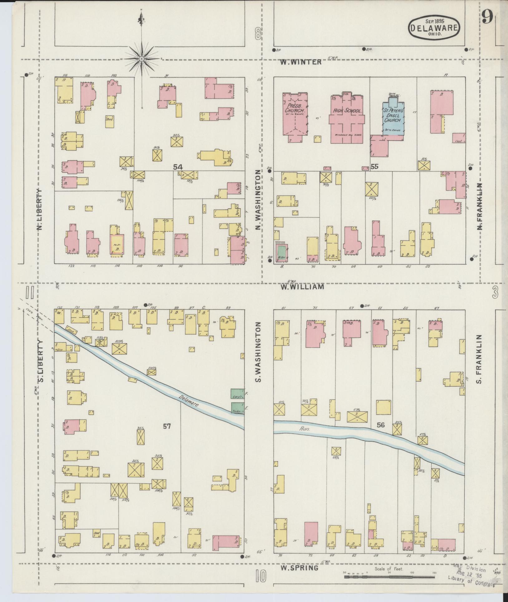 Sanborn Fire Insurance Map from Delaware, Delaware County, Ohio (1895), Sheet #0009 - Historic Sanborn Fire Insurance Map Print, vintage old map wall art, antique decor, genealogy gift, Sanborn Fire Insurance Map from Delaware Delaware map