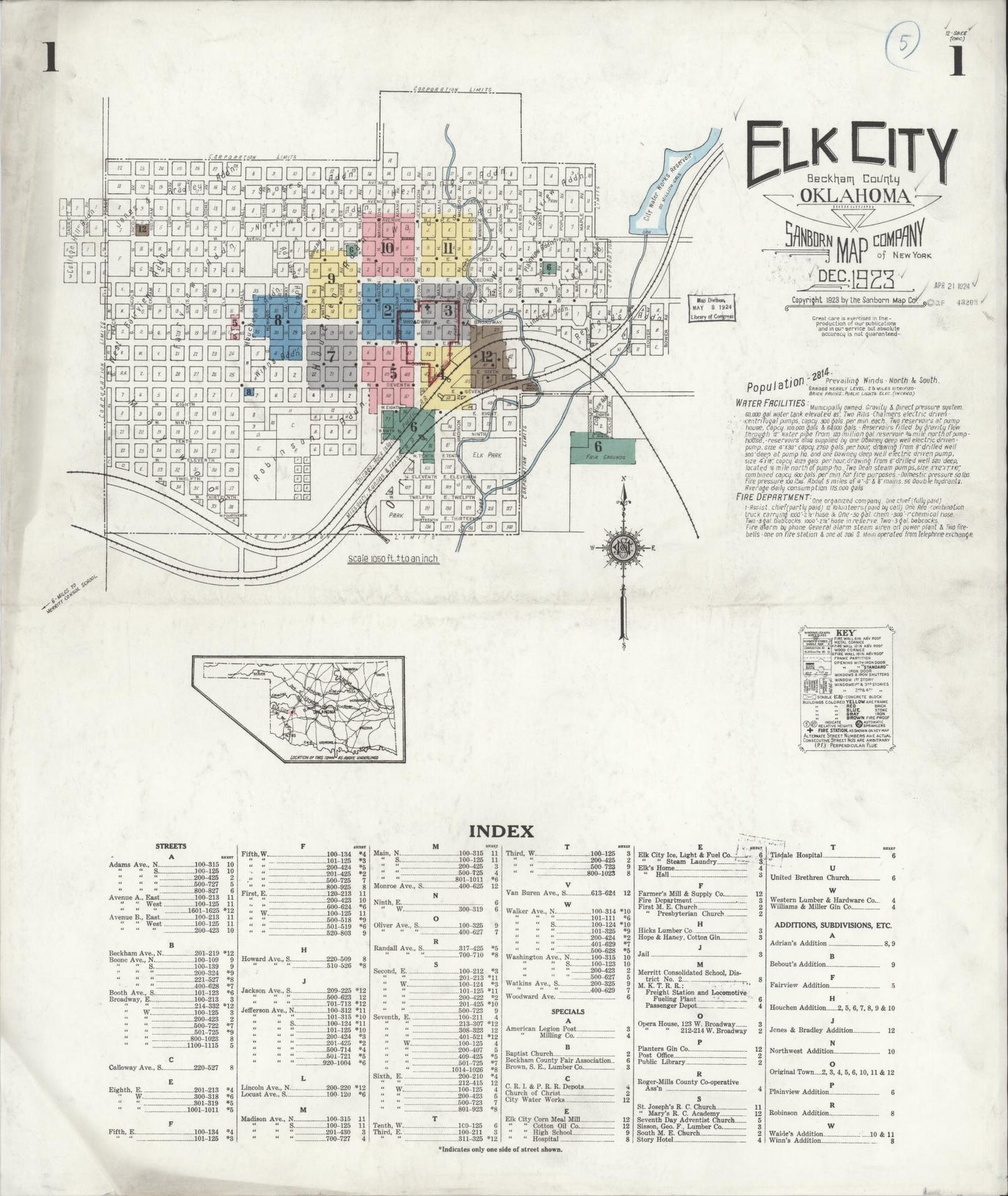 Sanborn Fire Insurance Map from Elk City, Beckham County, Oklahoma (1923), Sheet #0001 - Complete Map Set gallery image, historic Sanborn map, vintage wall art, Oklahoma Oklahoma