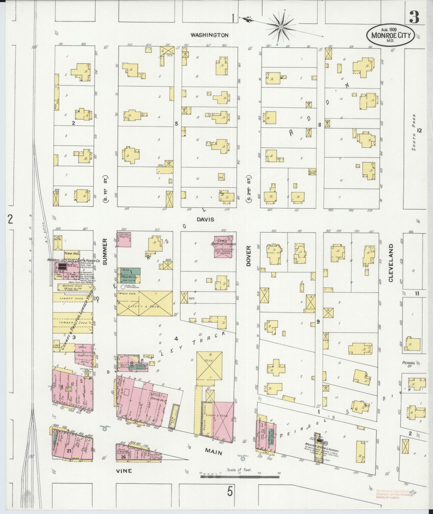 Sanborn Fire Insurance Map from Monroe City, Monroe County, Missouri (1909), Sheet #0003 - Complete Map Set gallery image, historic Sanborn map, vintage wall art, Missouri Missouri