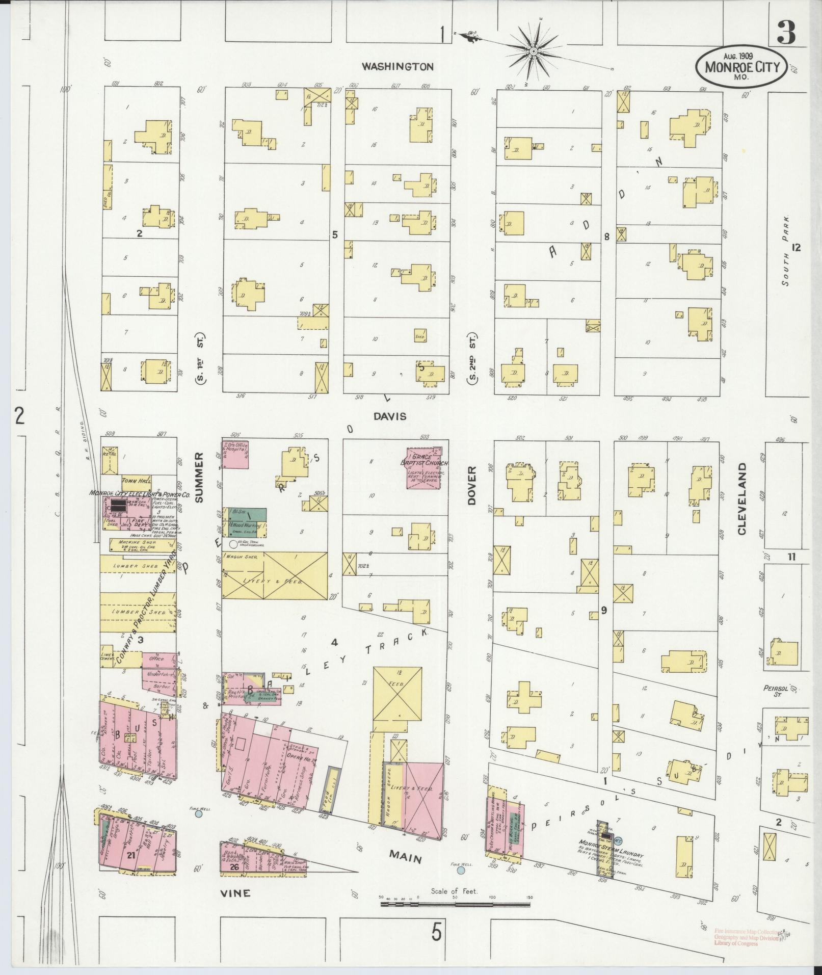 Sanborn Fire Insurance Map from Monroe City, Monroe County, Missouri (1909), Sheet #0003 - Complete Map Set gallery image, historic Sanborn map, vintage wall art, Missouri Missouri