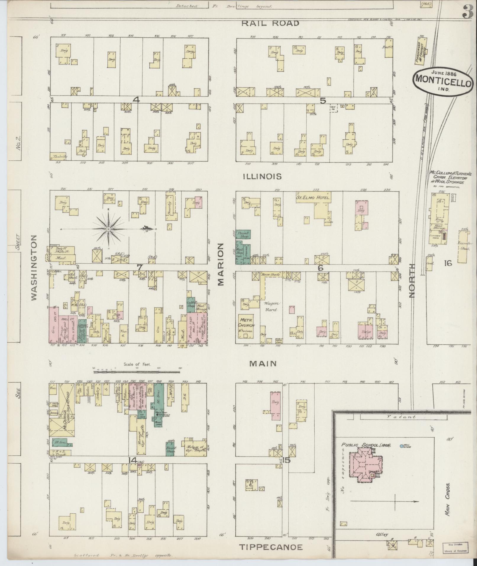 Sanborn Fire Insurance Map from Monticello, White County, Indiana (1886), Sheet #0003 - Historic Sanborn Fire Insurance Map Print, vintage old map wall art, antique decor, genealogy gift, Indiana Indiana map