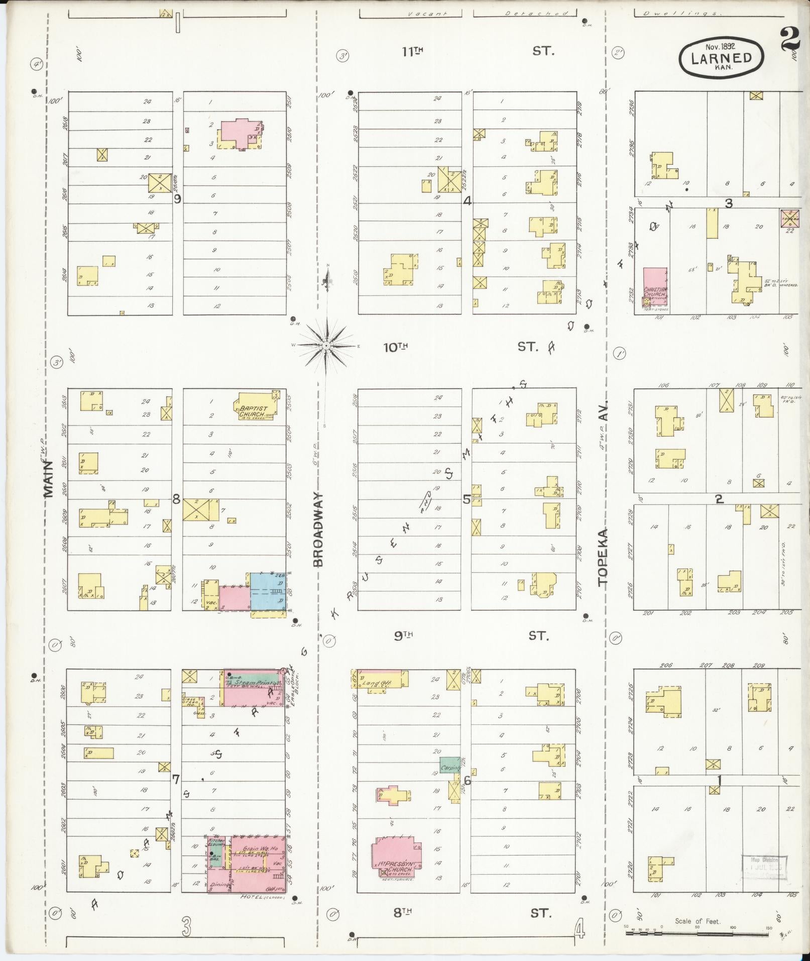 Sanborn Fire Insurance Map from Larned, Pawnee County, Kansas (1892), Sheet #0002 - Historic Sanborn Fire Insurance Map Print, vintage old map wall art, antique decor, genealogy gift, Kansas Kansas map