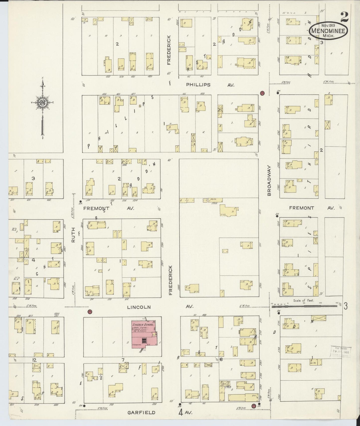 Sanborn Fire Insurance Map from Menominee, Menominee County, Michigan (1913), Sheet #0002 - Complete Map Set gallery image, historic Sanborn map, vintage wall art, Michigan Michigan
